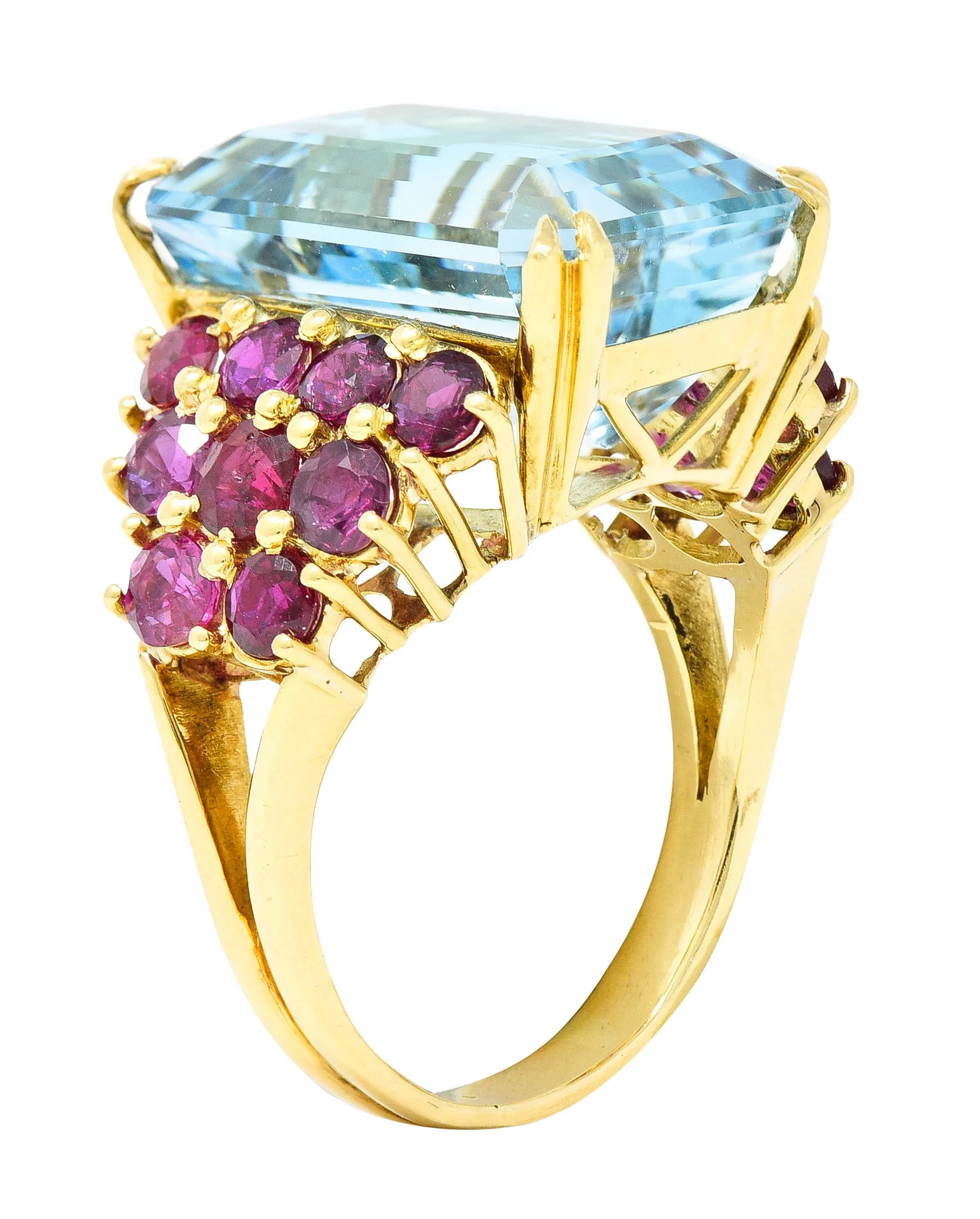 Retro 17.12 CTW Emerald Cut Aquamarine Ruby 18 Karat Yellow Gold Vintage Cocktail Ring