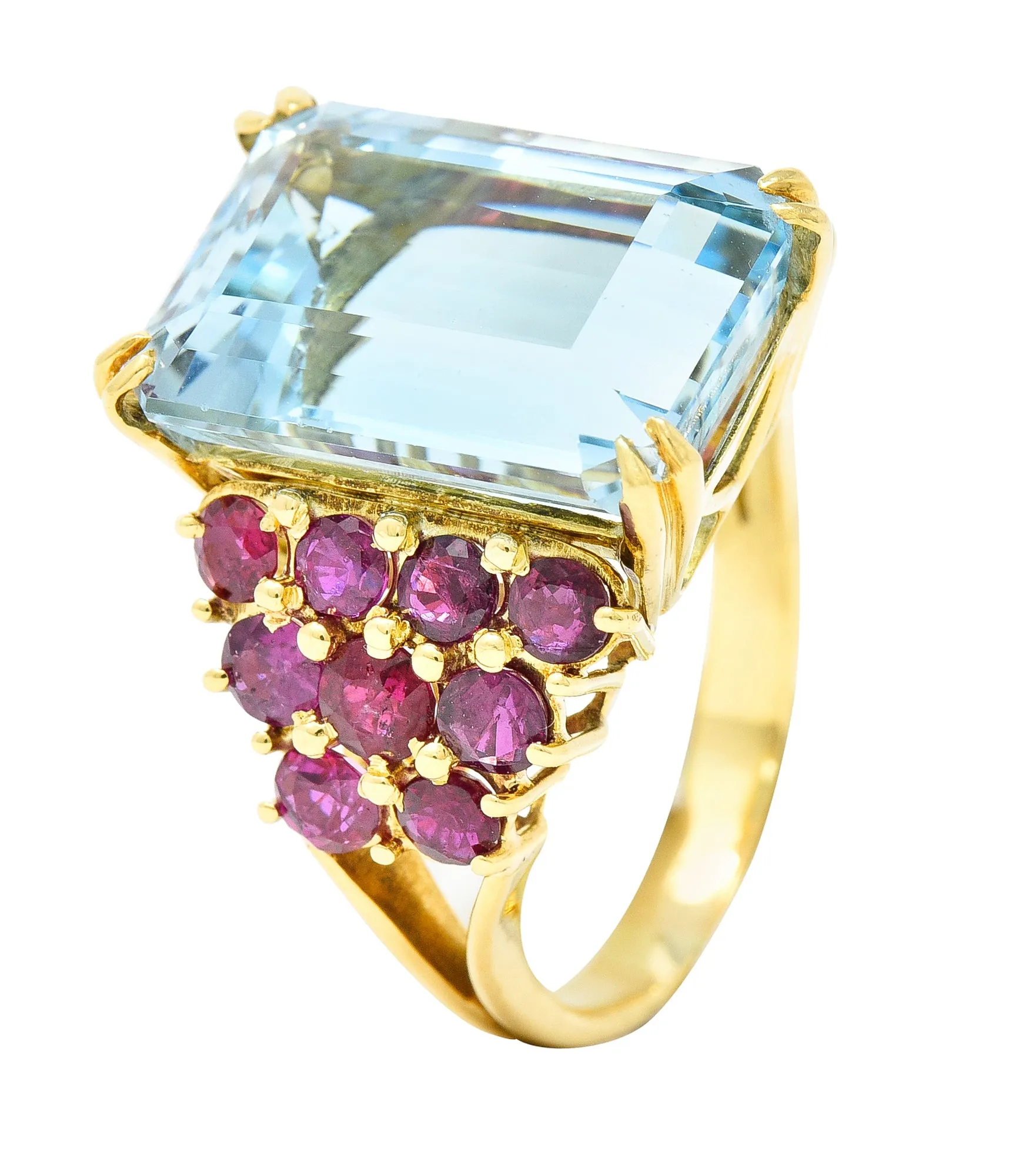 Retro 17.12 CTW Emerald Cut Aquamarine Ruby 18 Karat Yellow Gold Vintage Cocktail Ring