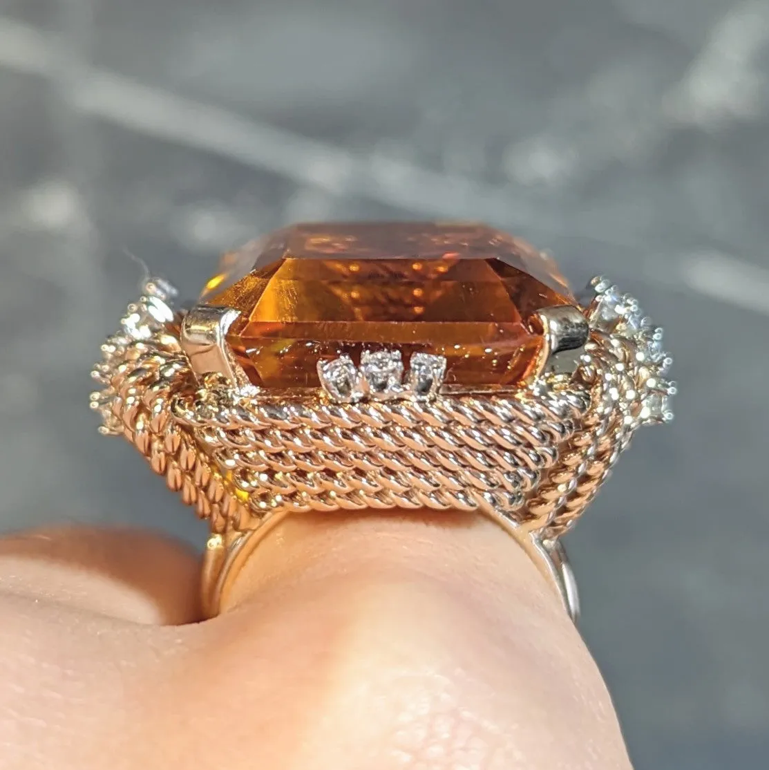 Retro 42.98 CTW Citrine Diamond 14 Karat Two-Tone Gold Rope Vintage Cocktail Ring