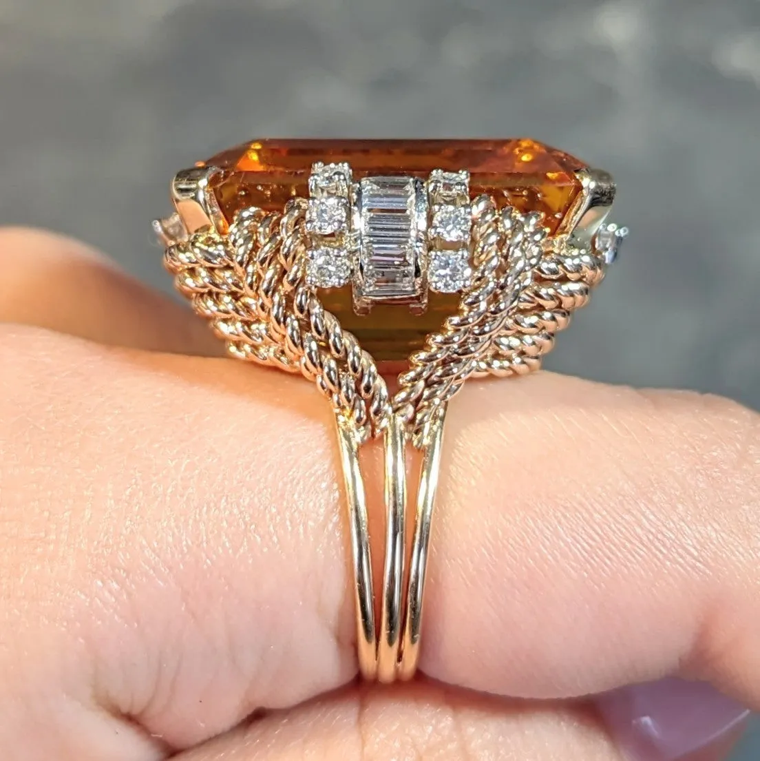 Retro 42.98 CTW Citrine Diamond 14 Karat Two-Tone Gold Rope Vintage Cocktail Ring