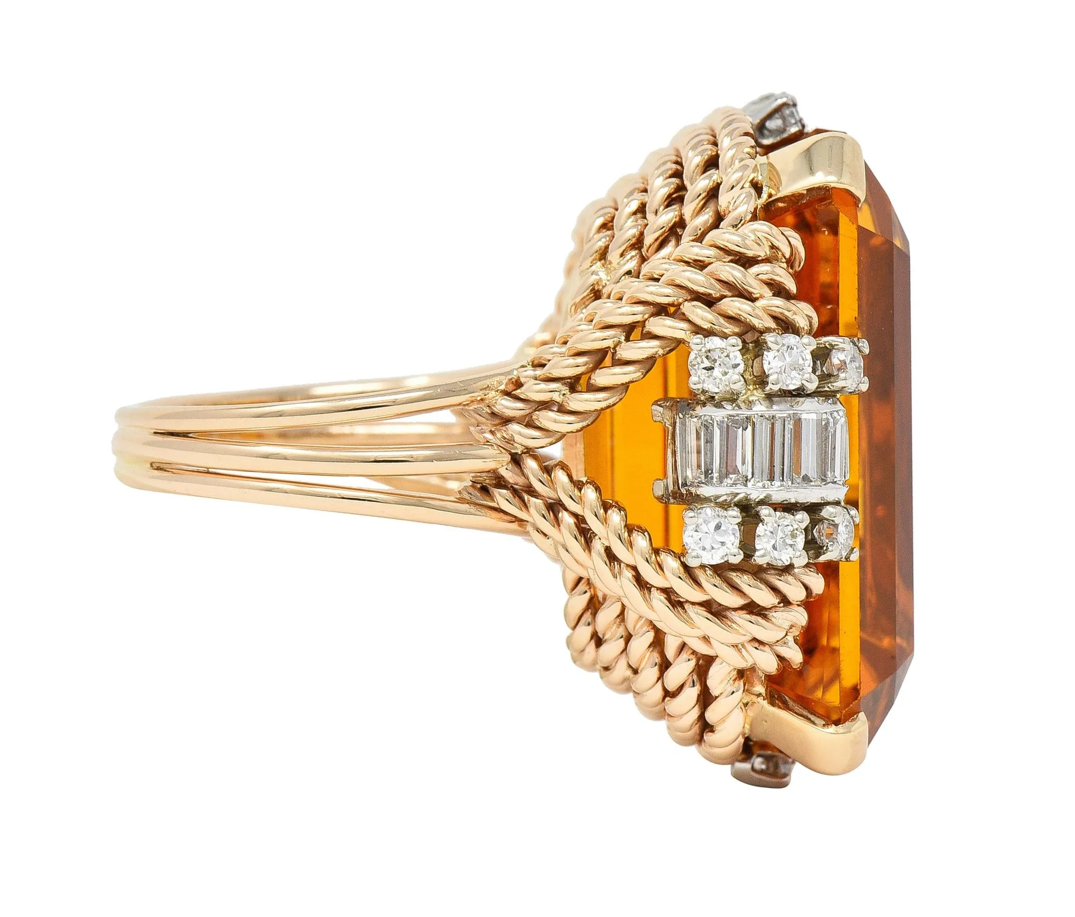 Retro 42.98 CTW Citrine Diamond 14 Karat Two-Tone Gold Rope Vintage Cocktail Ring