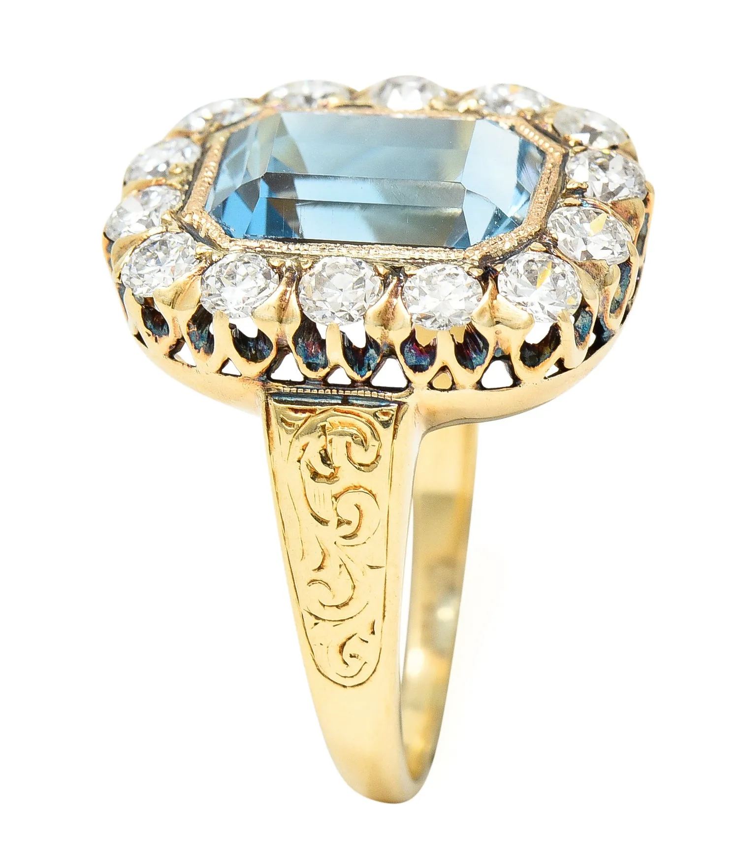 Retro 4.92 CTW Aquamarine Old European Cut Diamond 14 Karat Yellow Gold Halo Cluster Ring