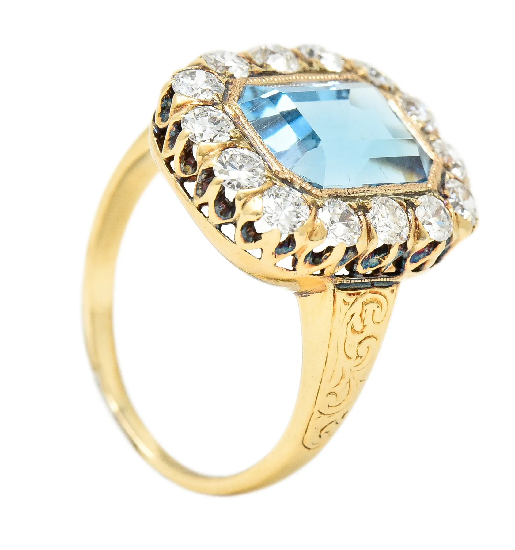 Retro 4.92 CTW Aquamarine Old European Cut Diamond 14 Karat Yellow Gold Halo Cluster Ring