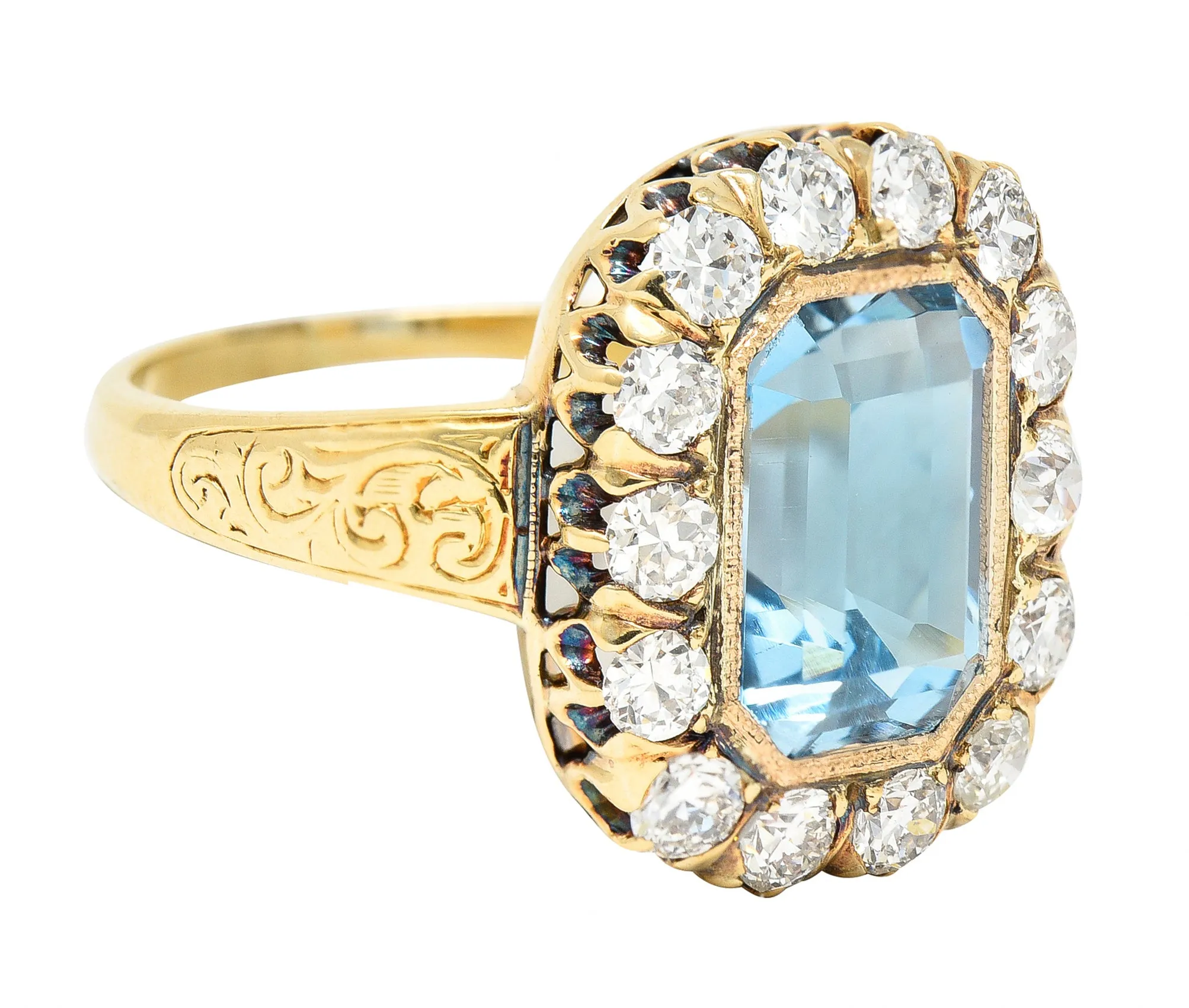 Retro 4.92 CTW Aquamarine Old European Cut Diamond 14 Karat Yellow Gold Halo Cluster Ring