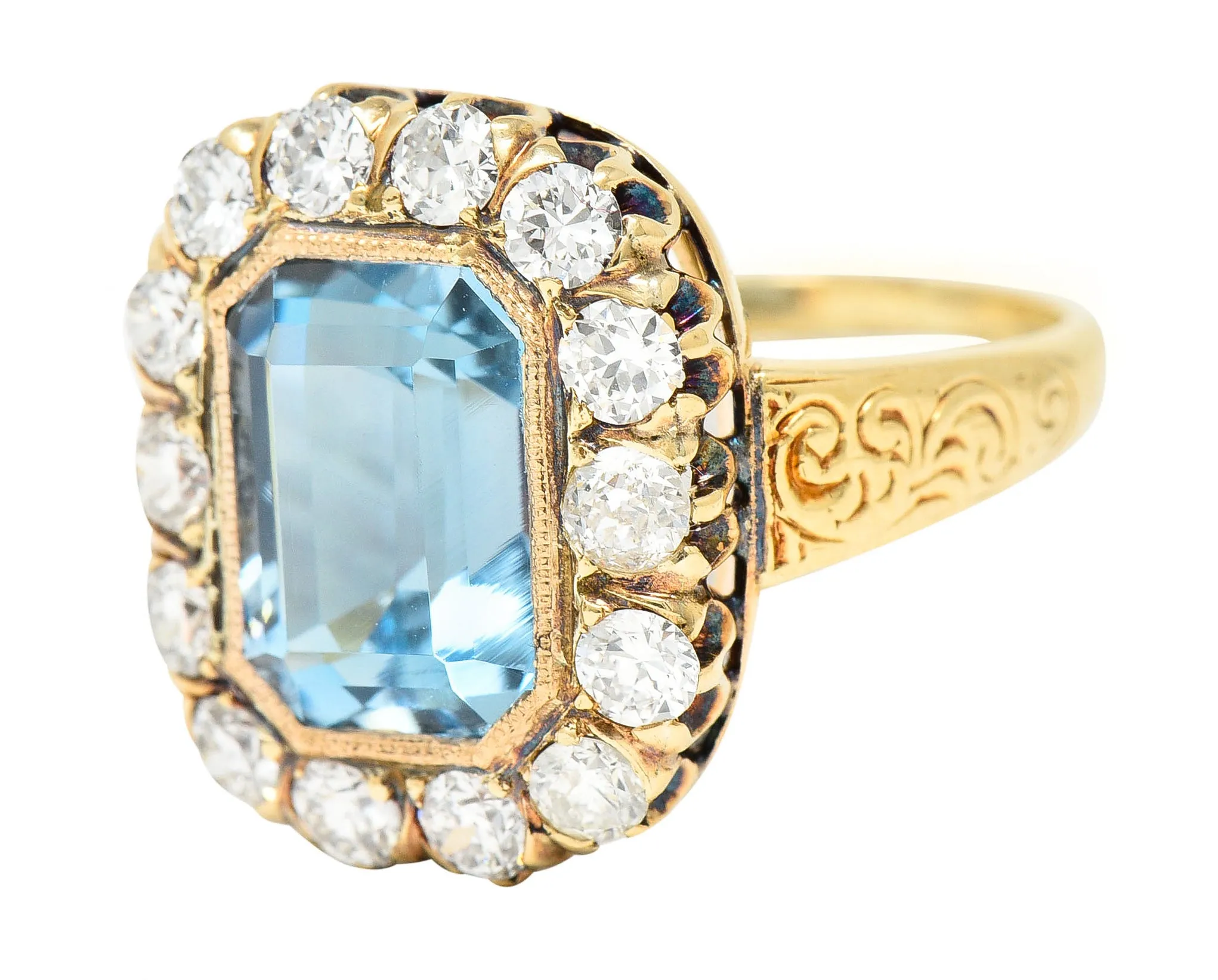 Retro 4.92 CTW Aquamarine Old European Cut Diamond 14 Karat Yellow Gold Halo Cluster Ring