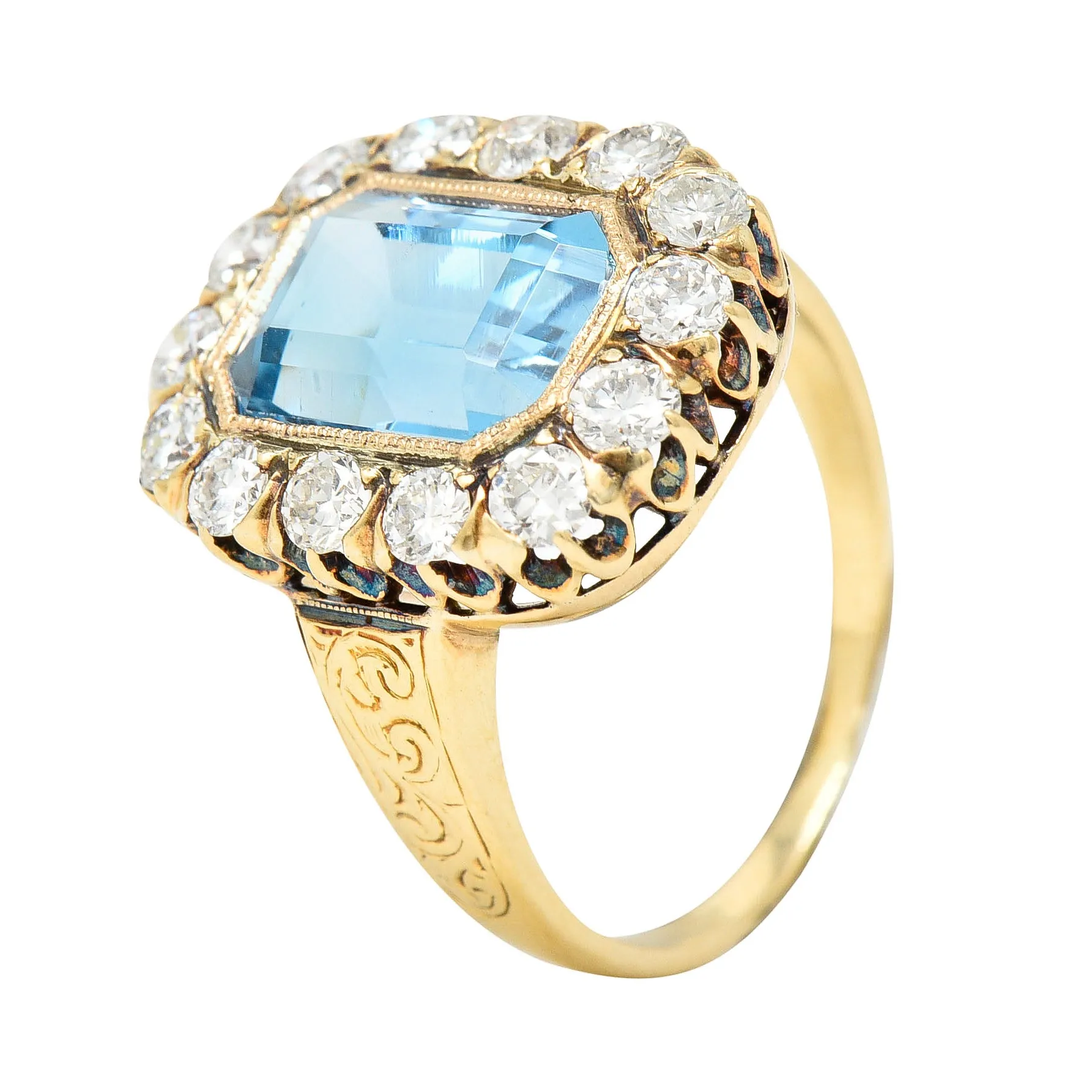 Retro 4.92 CTW Aquamarine Old European Cut Diamond 14 Karat Yellow Gold Halo Cluster Ring