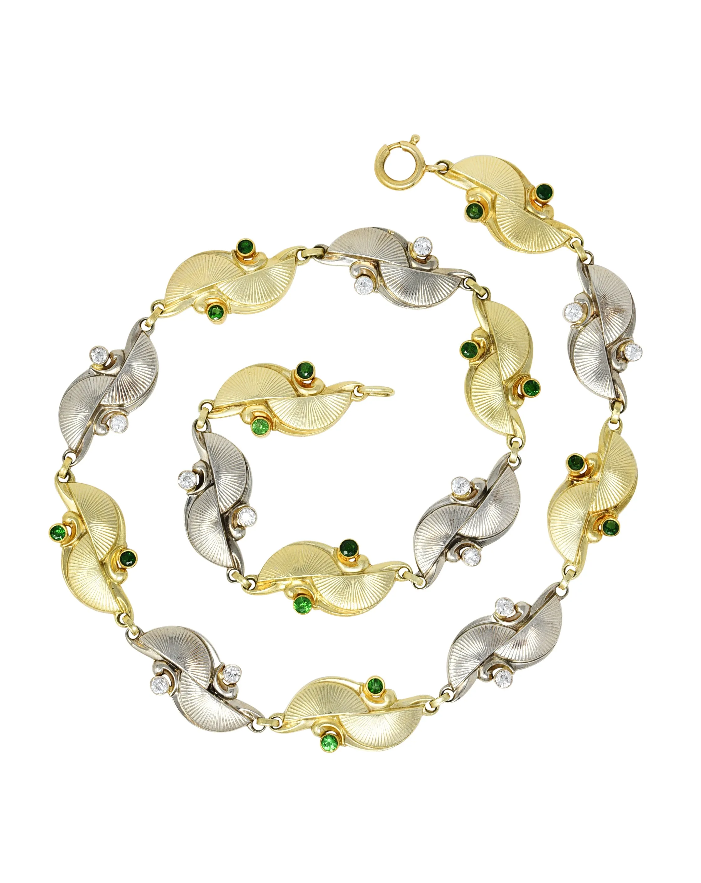 Retro Diamond Demantoid Garnet 14 Karat Two-Tone Gold Link Necklace