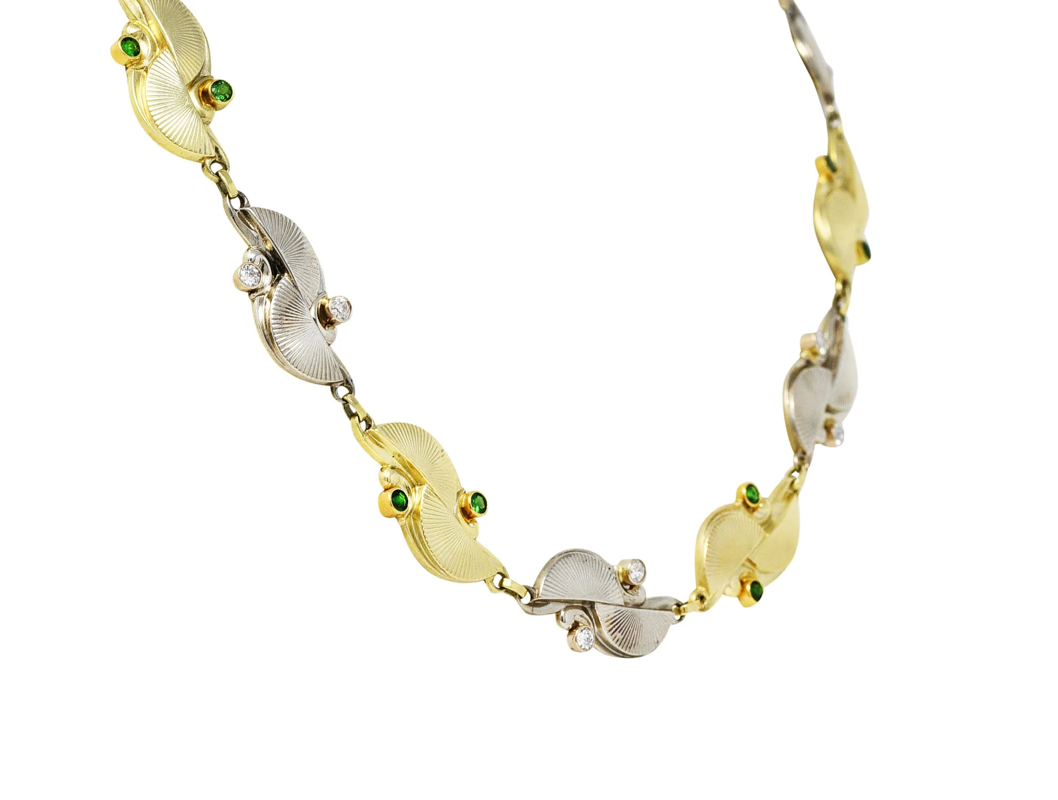 Retro Diamond Demantoid Garnet 14 Karat Two-Tone Gold Link Necklace