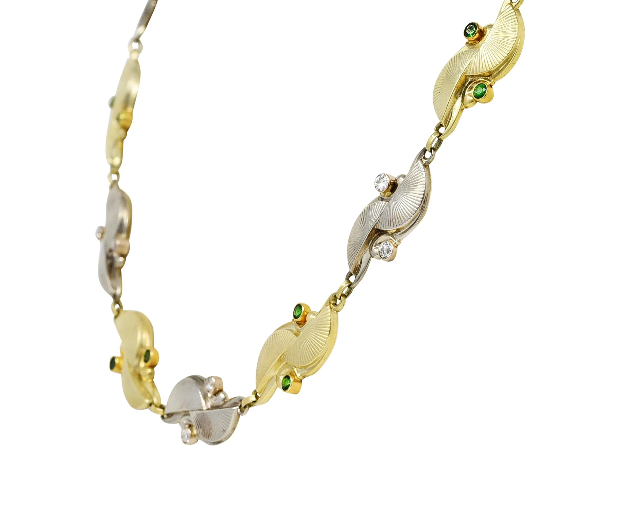 Retro Diamond Demantoid Garnet 14 Karat Two-Tone Gold Link Necklace