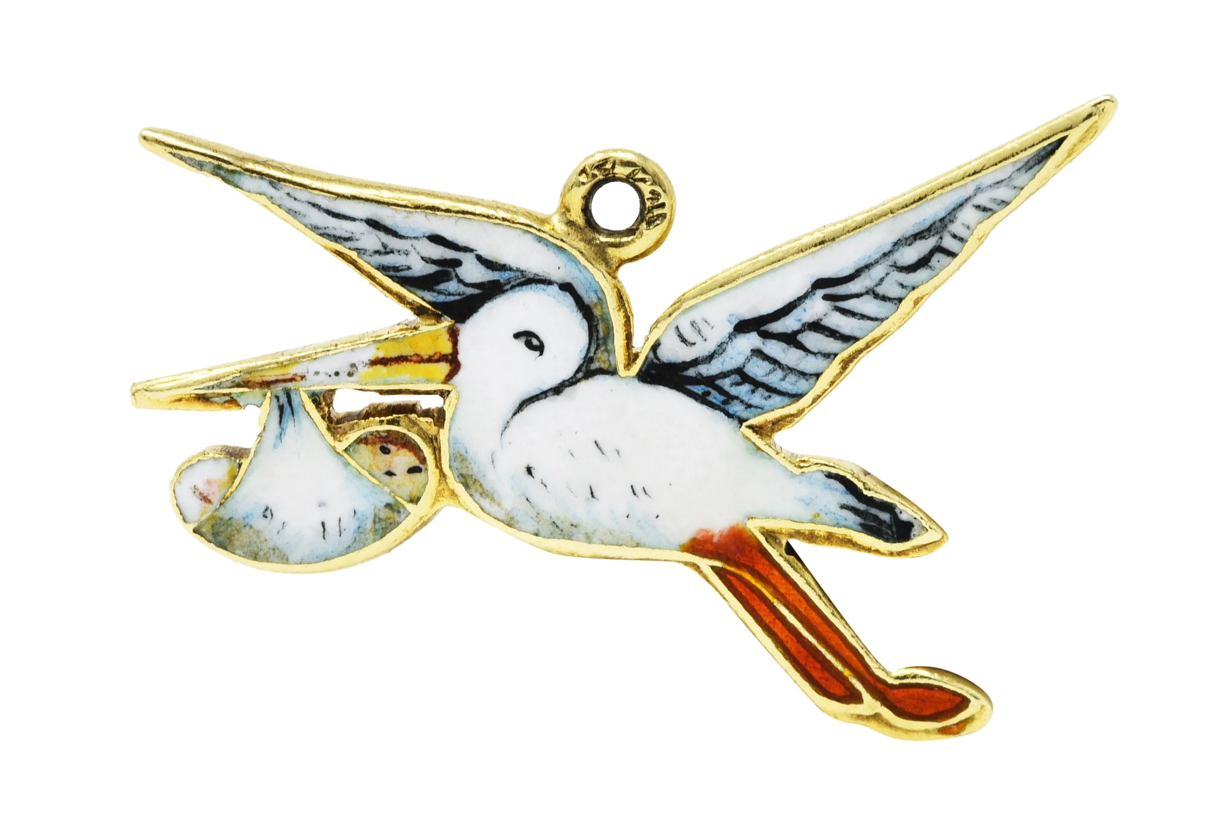 Retro Enamel 14 Karat Gold Stork Delivery Charm