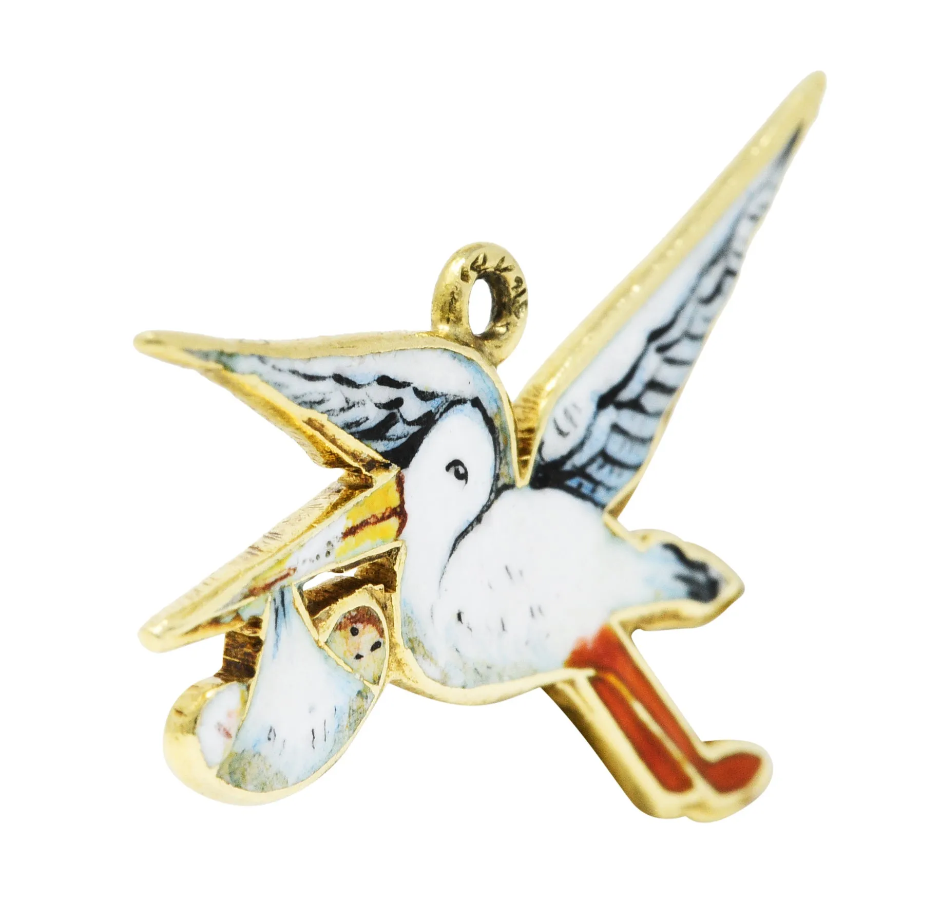 Retro Enamel 14 Karat Gold Stork Delivery Charm