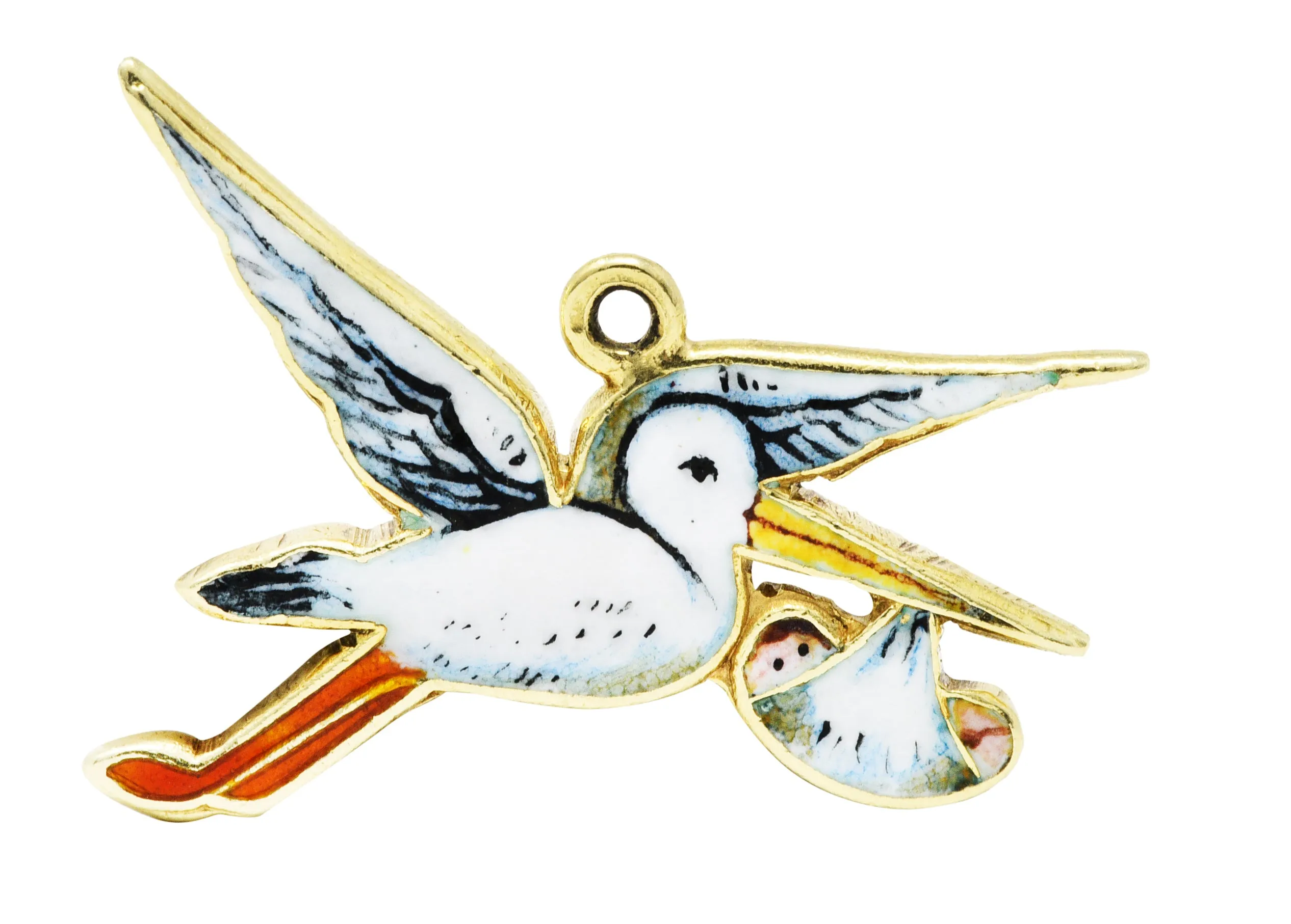 Retro Enamel 14 Karat Gold Stork Delivery Charm