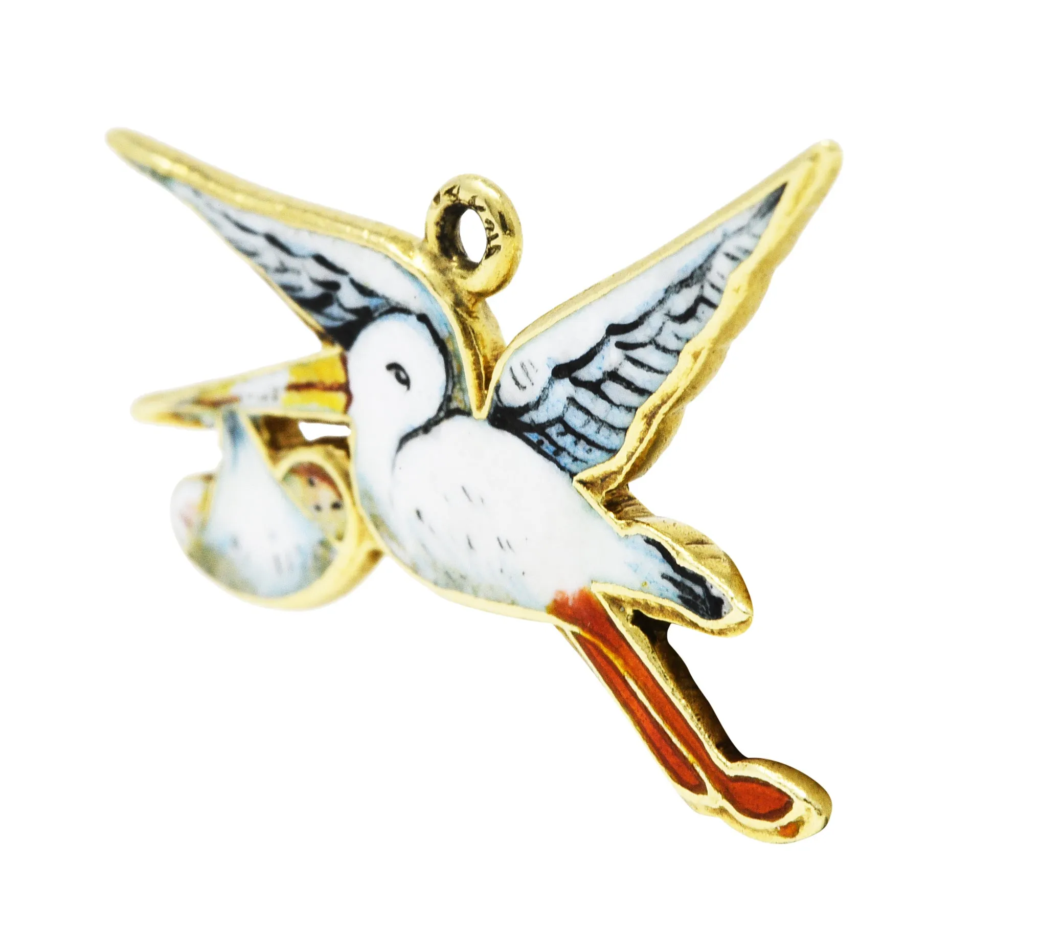 Retro Enamel 14 Karat Gold Stork Delivery Charm