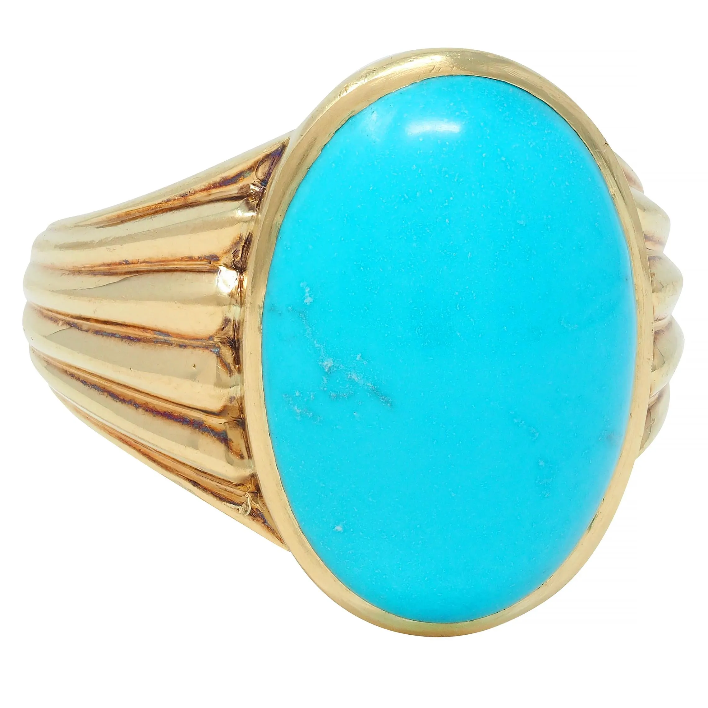 Retro Jones & Woodland Turquoise 14 Karat Yellow Gold Fanning Vintage Men's Signet Ring