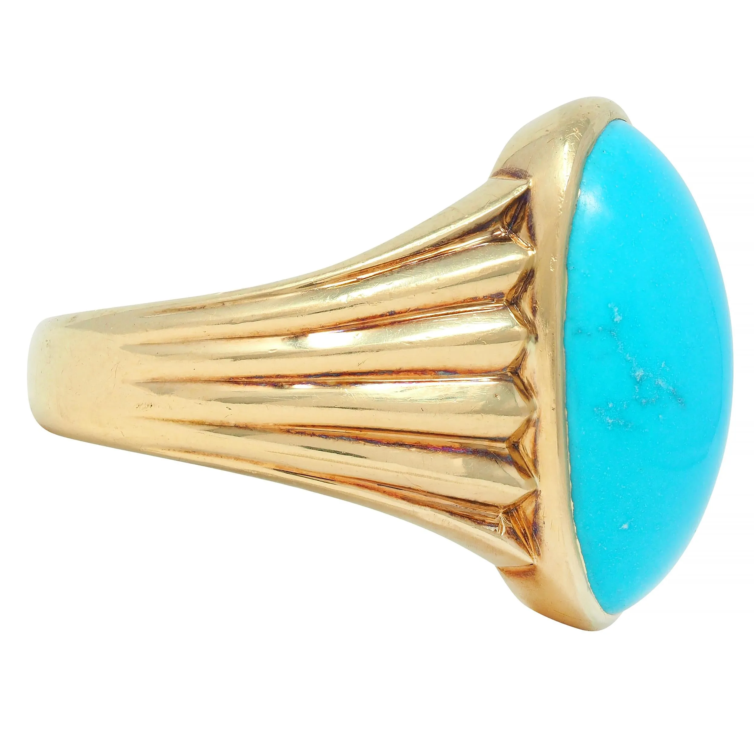 Retro Jones & Woodland Turquoise 14 Karat Yellow Gold Fanning Vintage Men's Signet Ring