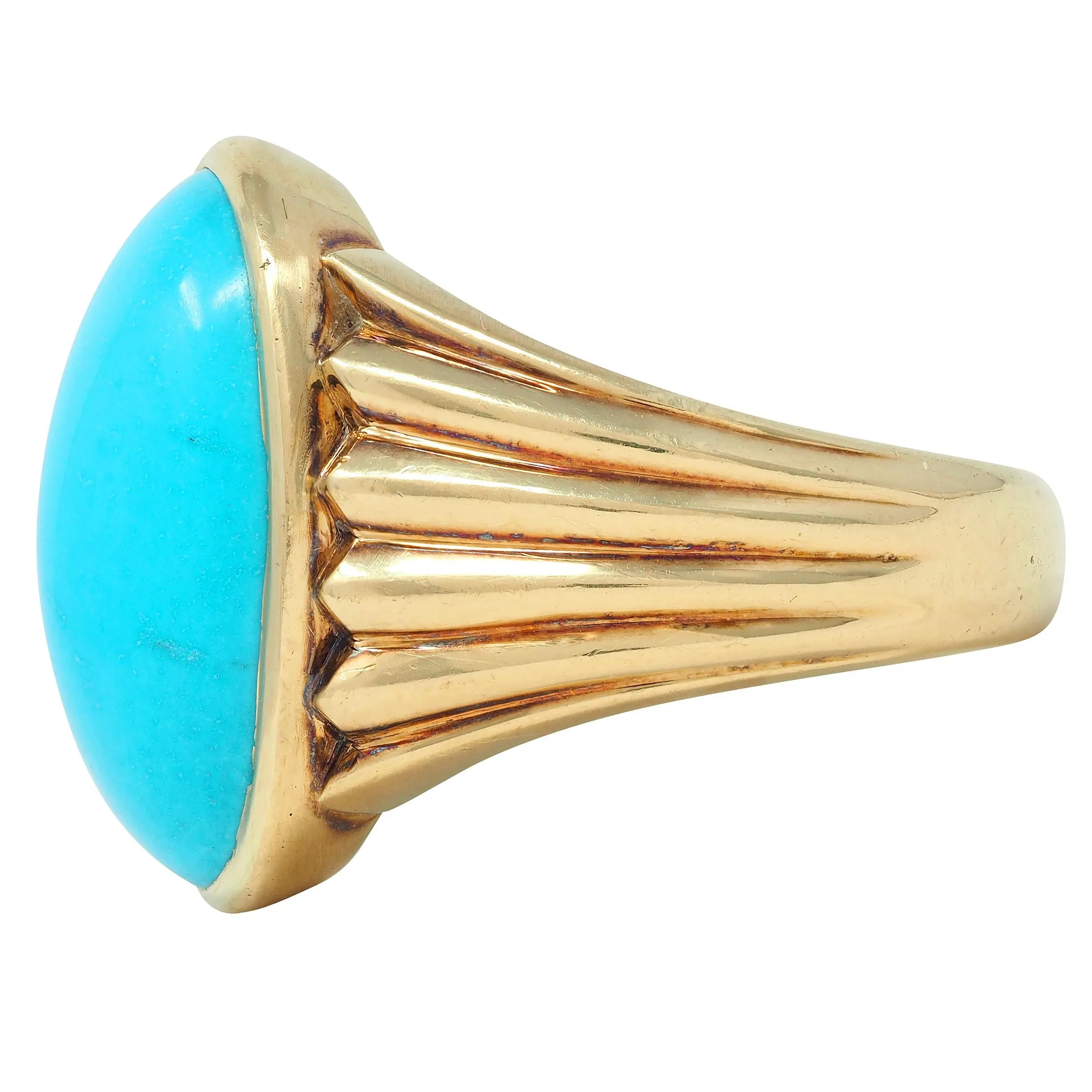 Retro Jones & Woodland Turquoise 14 Karat Yellow Gold Fanning Vintage Men's Signet Ring