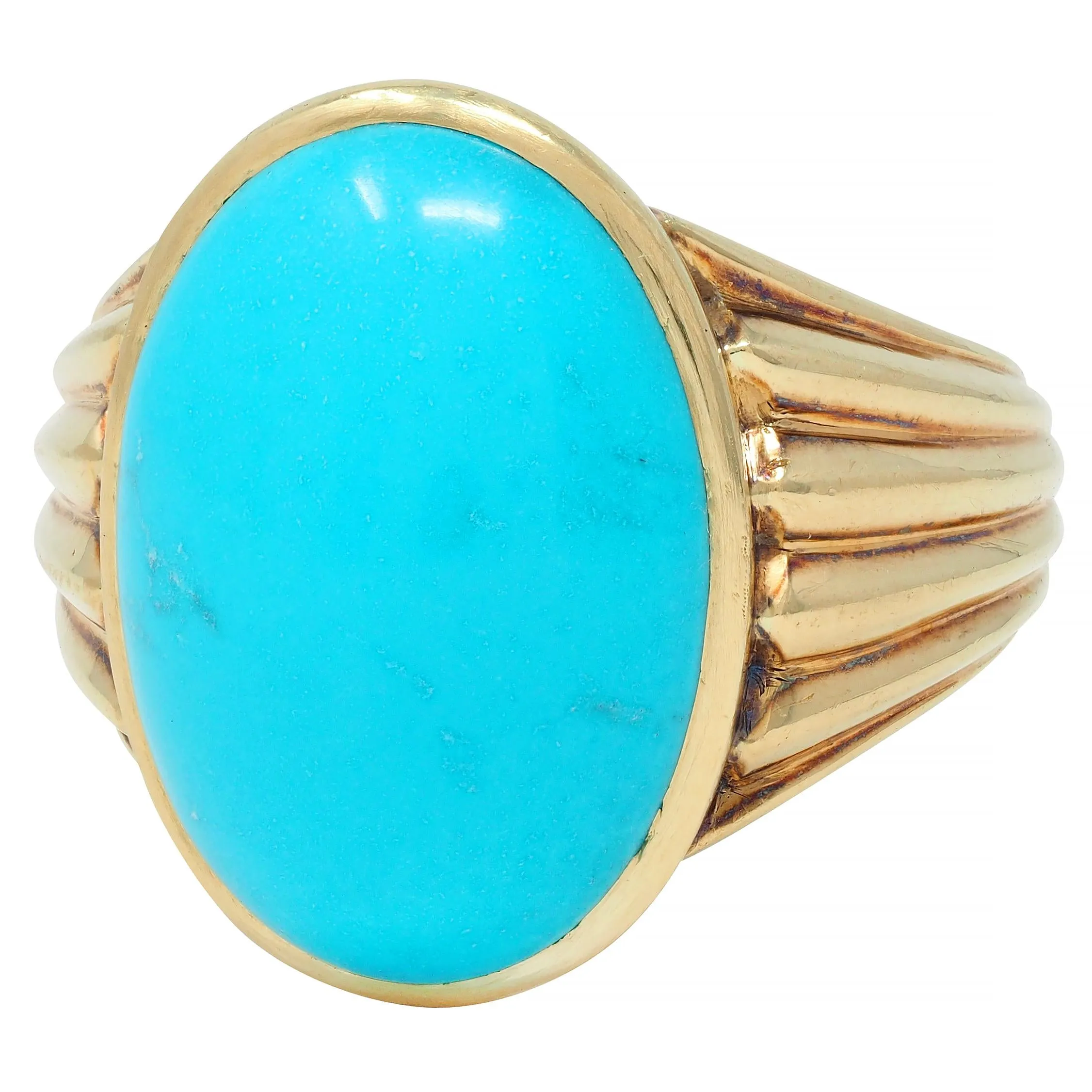 Retro Jones & Woodland Turquoise 14 Karat Yellow Gold Fanning Vintage Men's Signet Ring