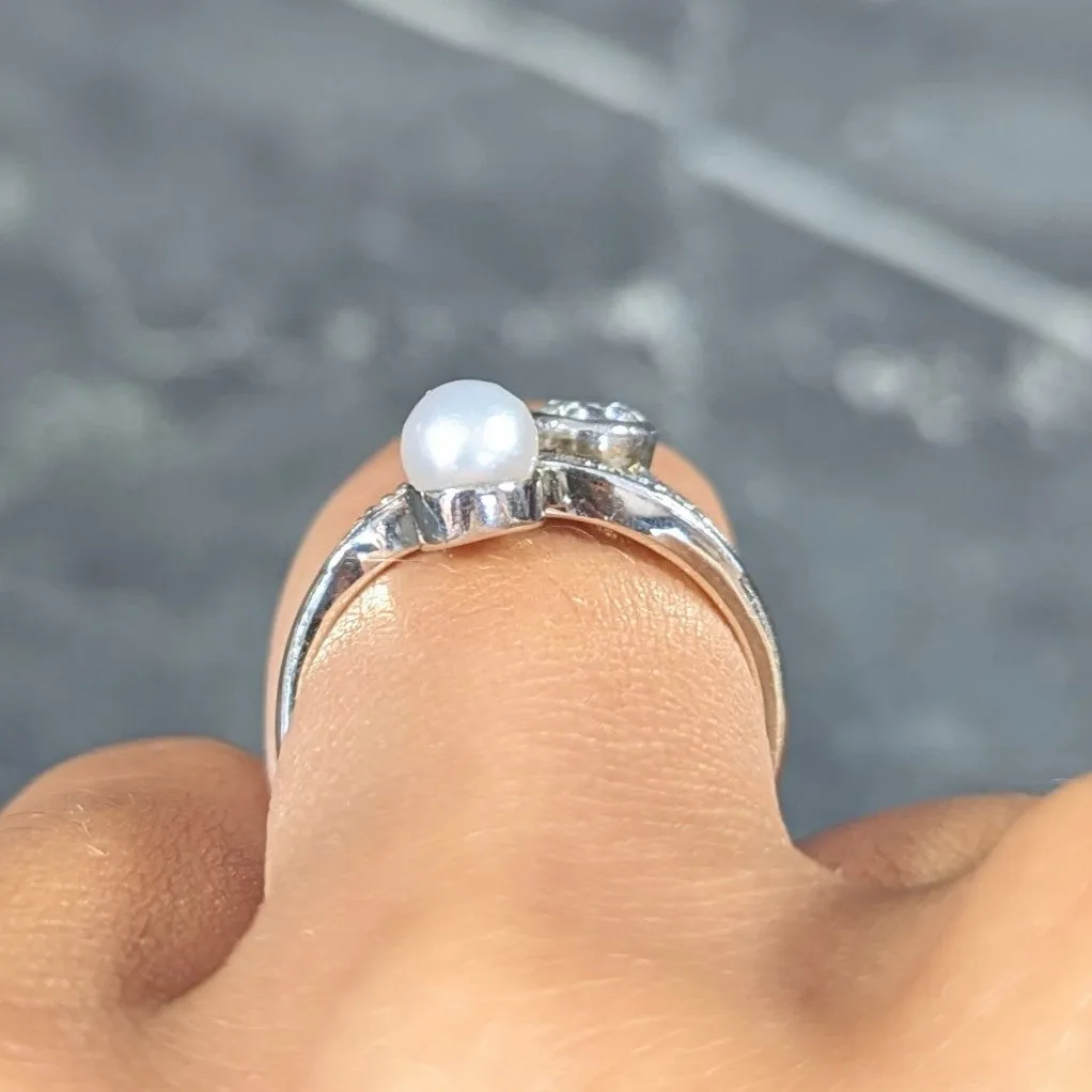 Retro Pearl Diamond 14 Karat White Gold Toi Et Moi Ring