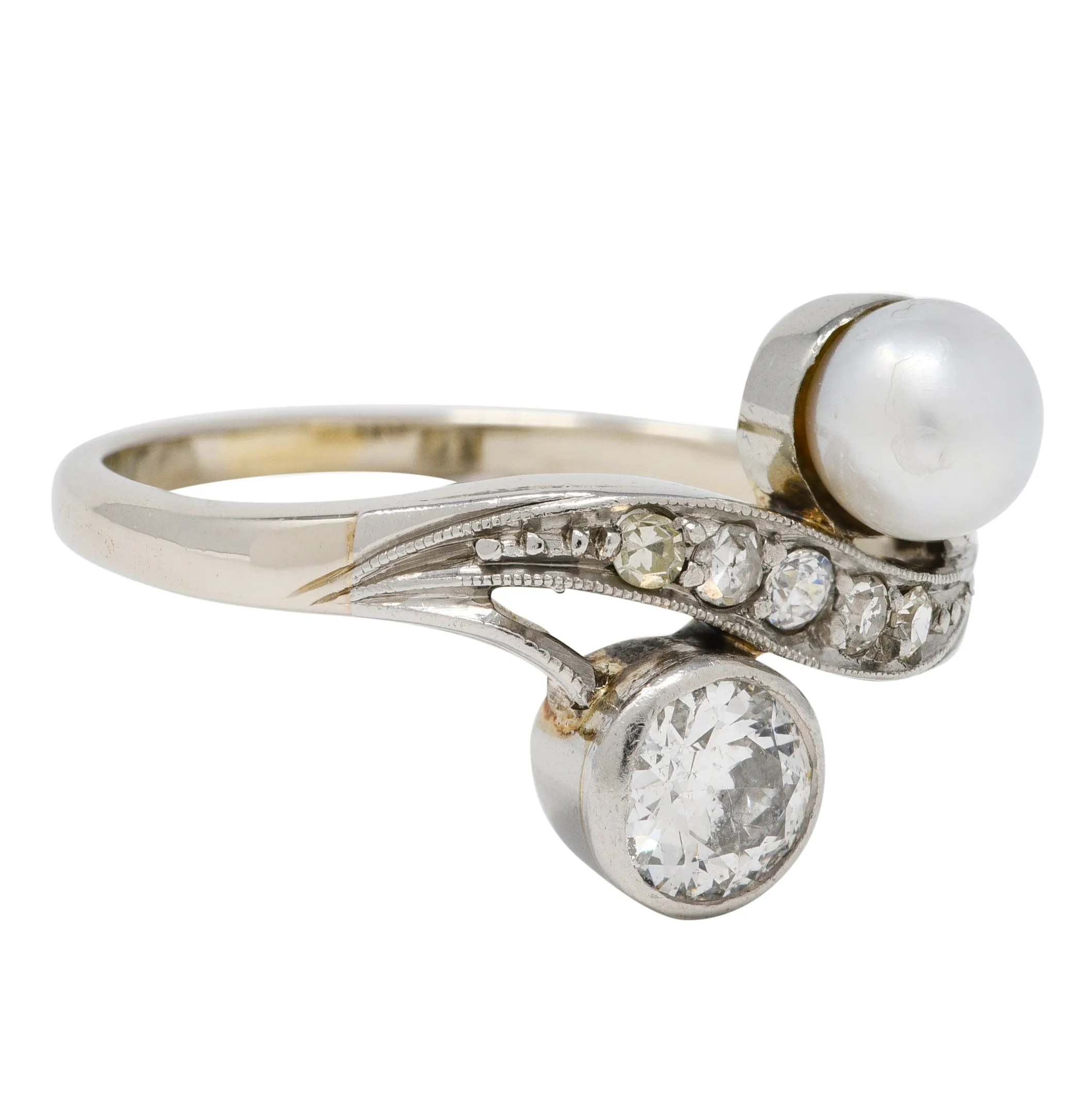 Retro Pearl Diamond 14 Karat White Gold Toi Et Moi Ring