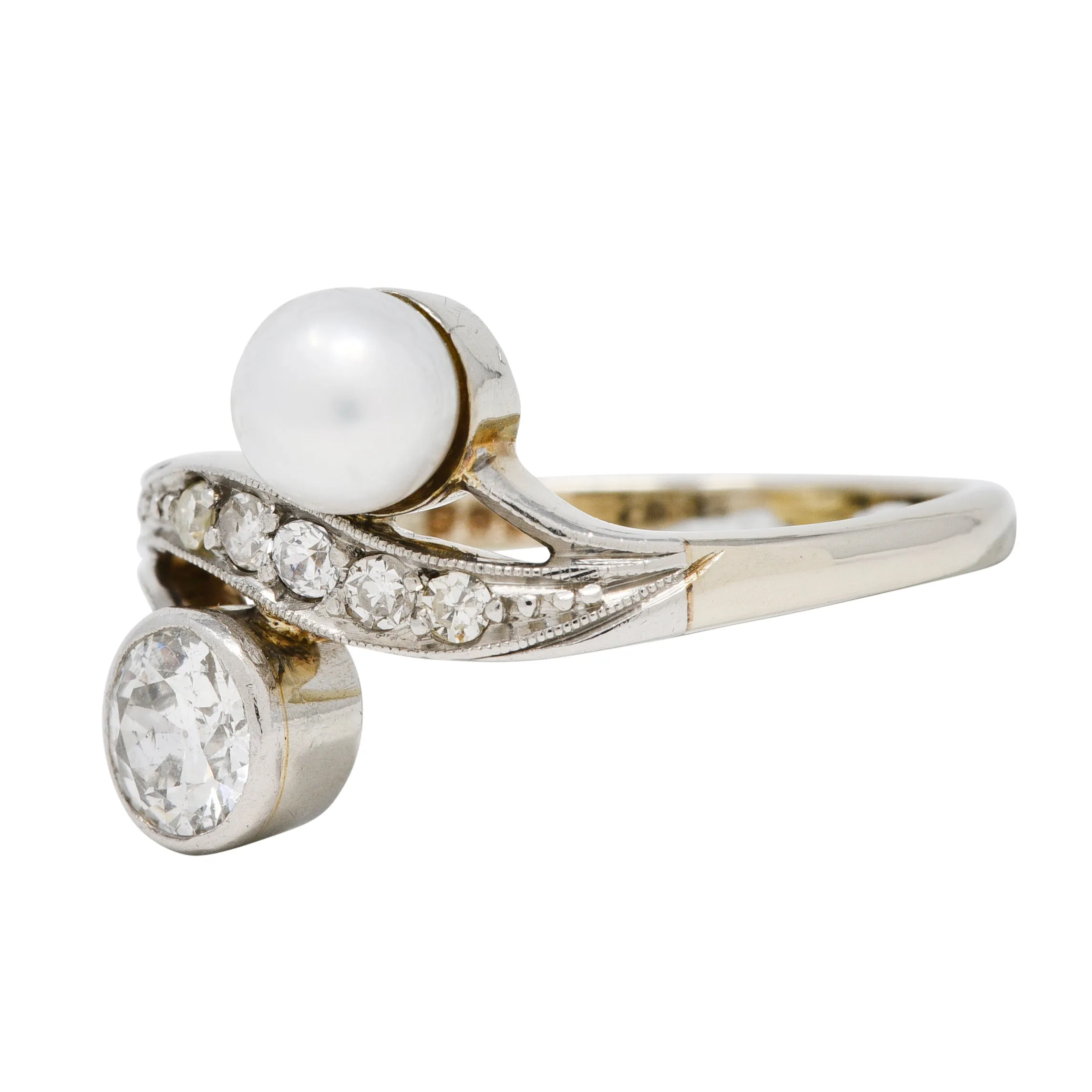 Retro Pearl Diamond 14 Karat White Gold Toi Et Moi Ring