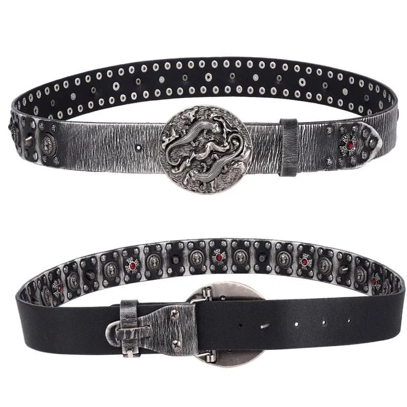 Retro Punk Rivet Belt Smooth Buckle Cowskin