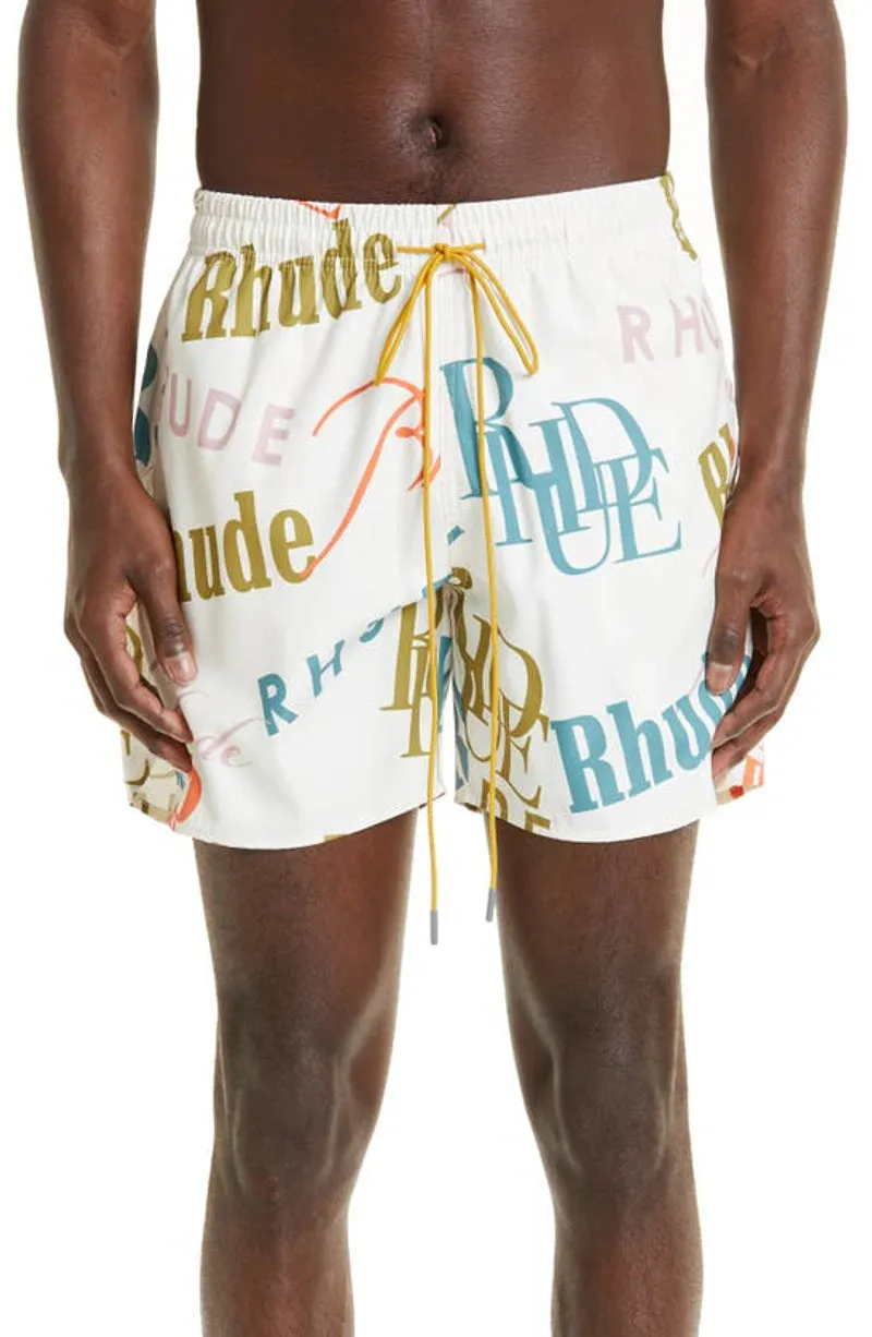 Rhude Mash-Up Logo Swim Trunks - Cream/Multi