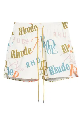 Rhude Mash-Up Logo Swim Trunks - Cream/Multi