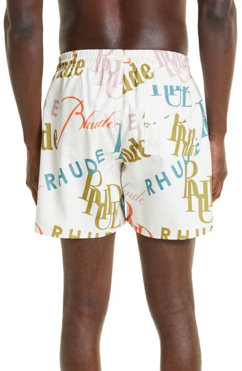 Rhude Mash-Up Logo Swim Trunks - Cream/Multi