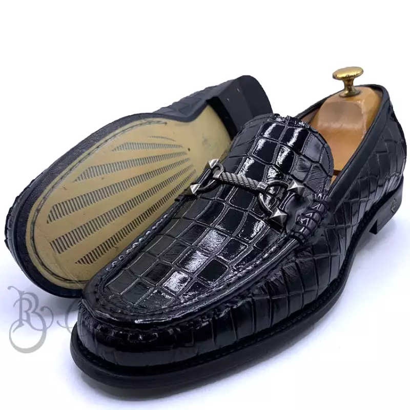 SR cracked wetlook horsebit loafers | Black