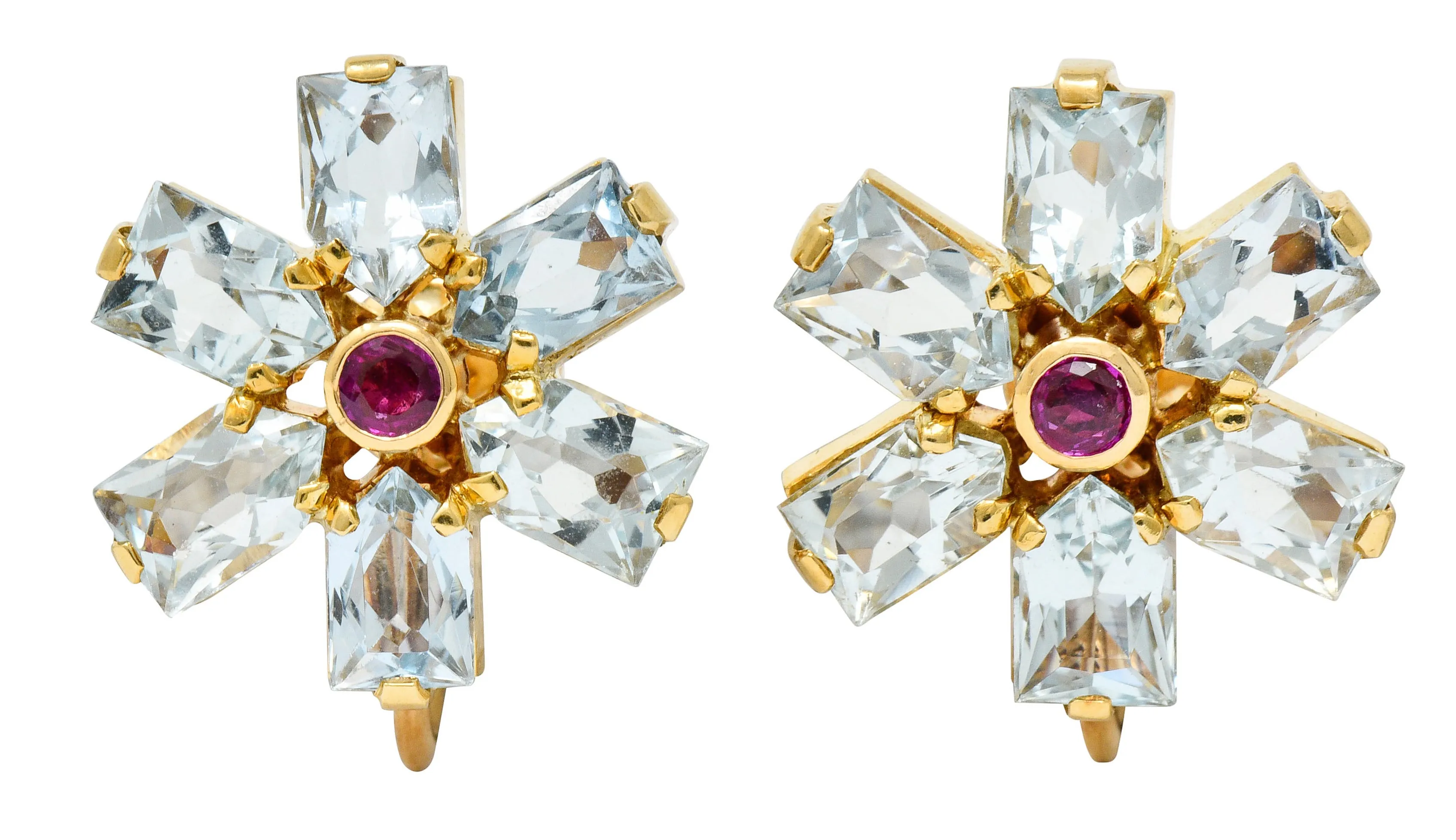 Tiffany & Co. Retro 6.20 CTW Aquamarine Ruby 14 Karat Gold Flower Screwback Earrings