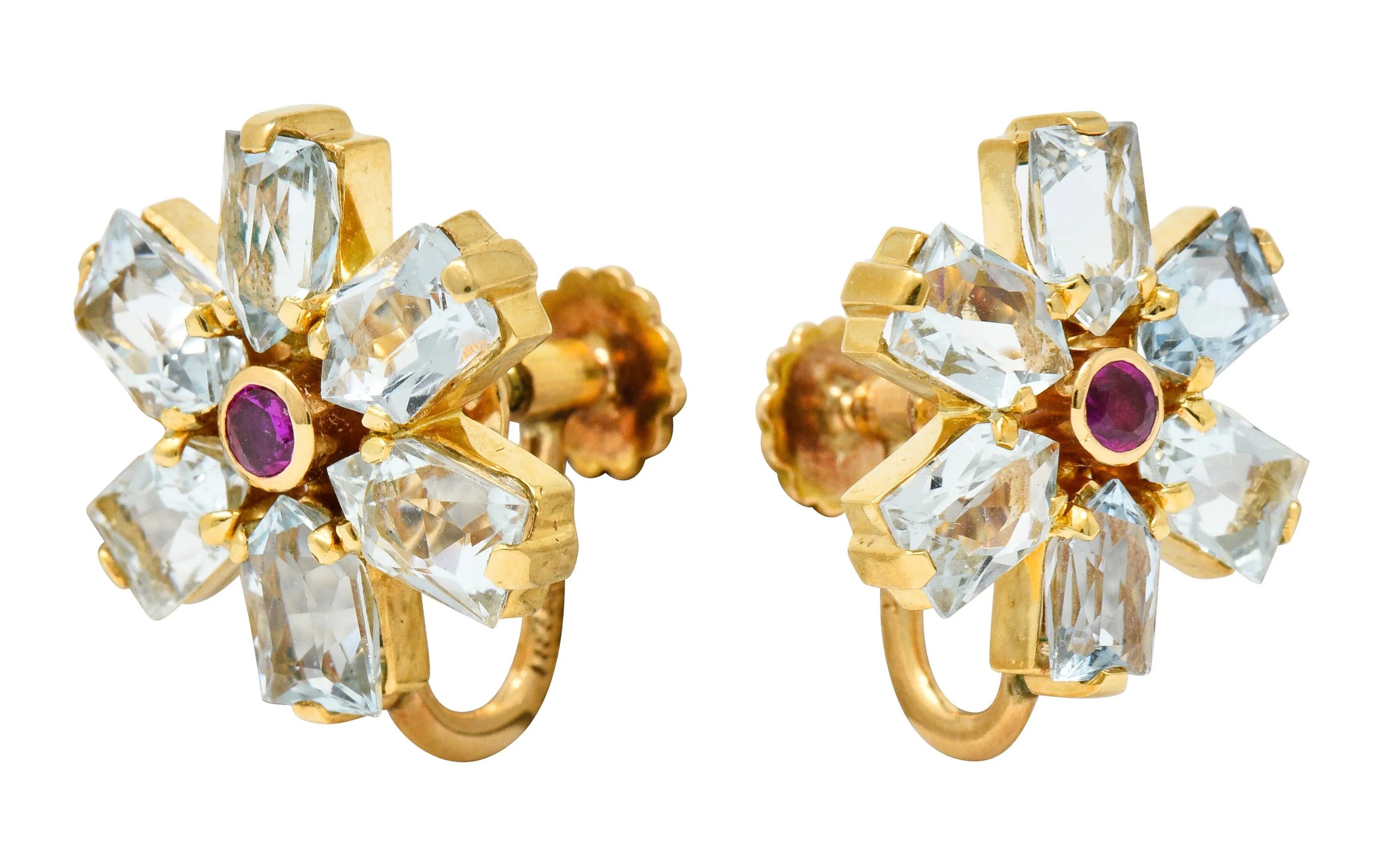 Tiffany & Co. Retro 6.20 CTW Aquamarine Ruby 14 Karat Gold Flower Screwback Earrings