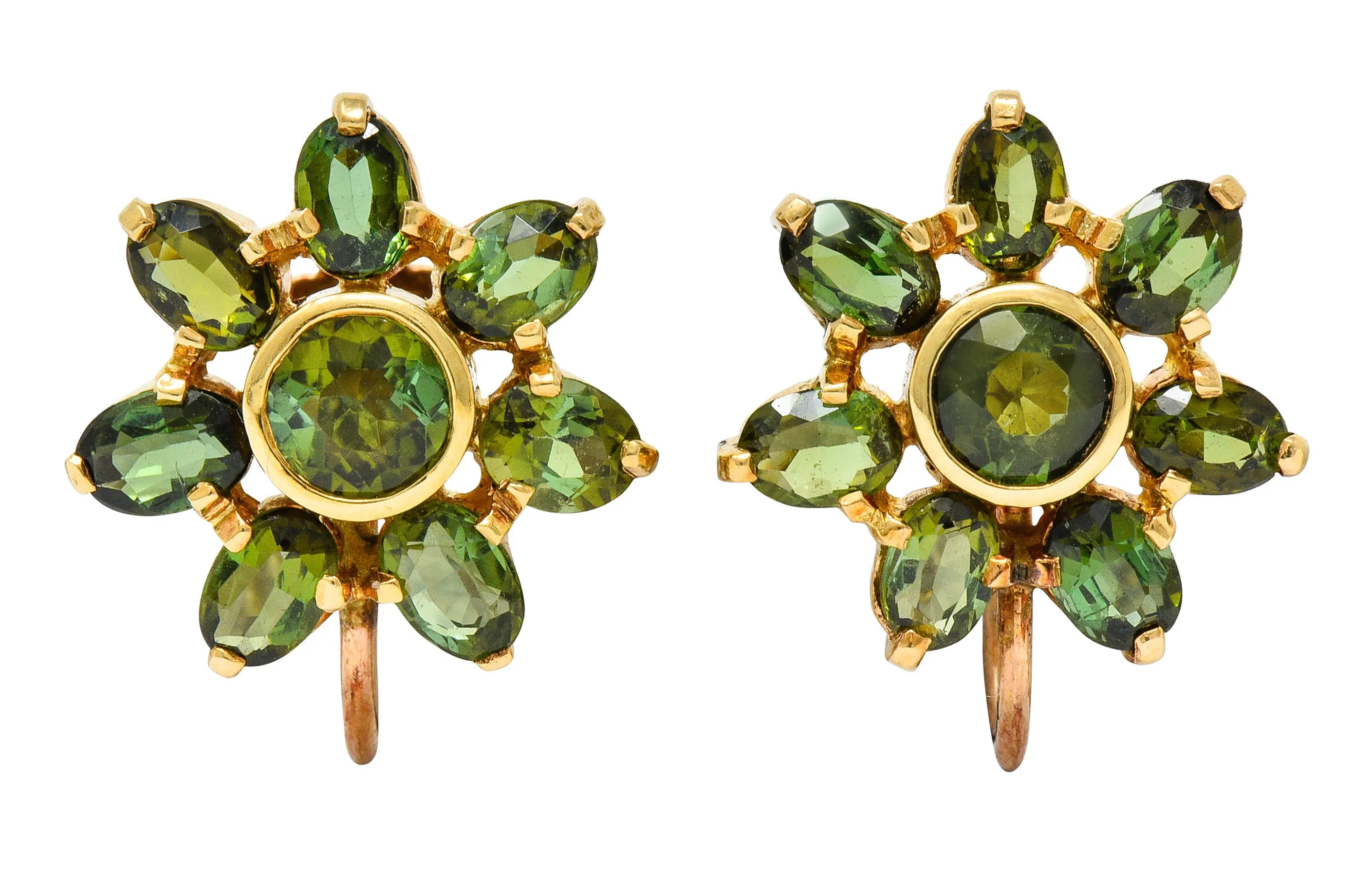 Tiffany & Co. Retro Green Tourmaline 14 Karat Gold Flower Screwback Earrings