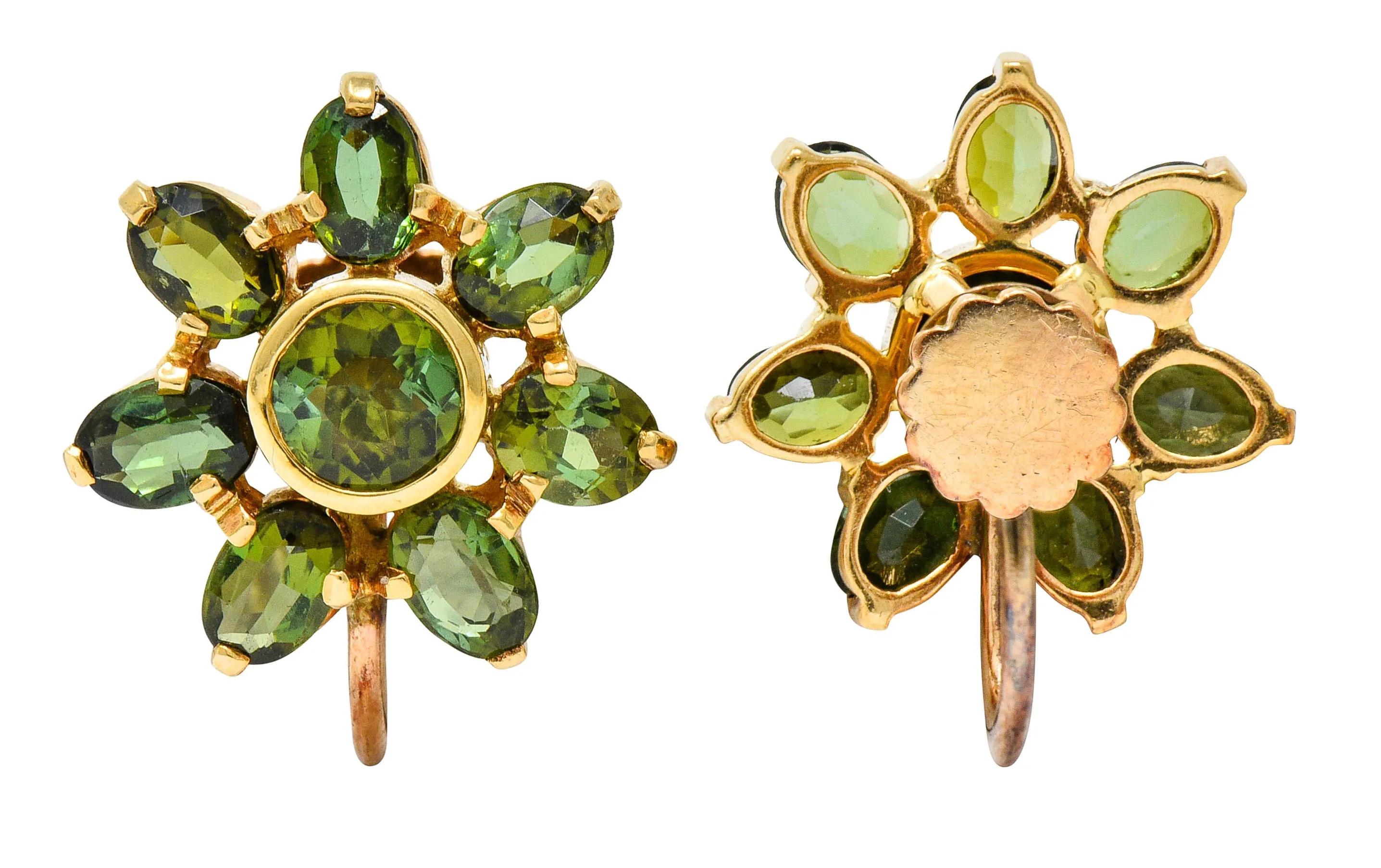 Tiffany & Co. Retro Green Tourmaline 14 Karat Gold Flower Screwback Earrings