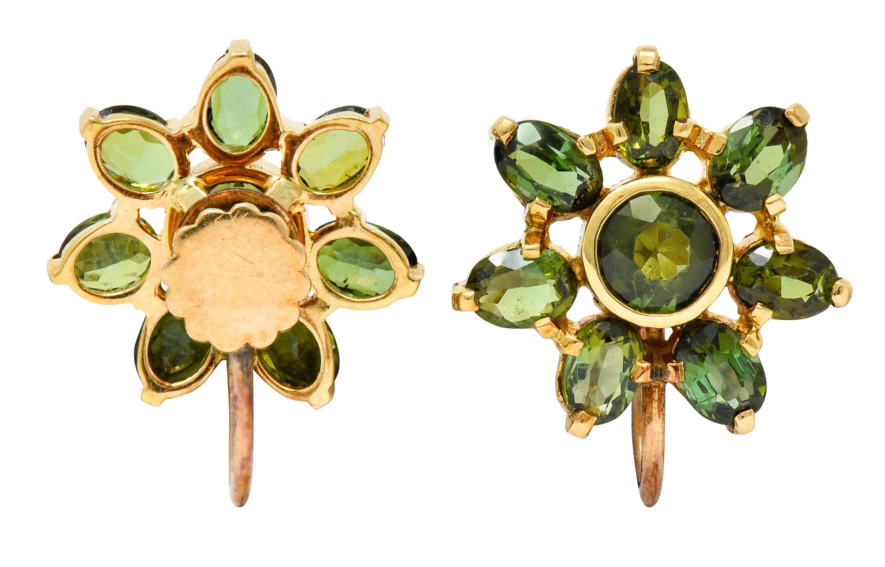 Tiffany & Co. Retro Green Tourmaline 14 Karat Gold Flower Screwback Earrings