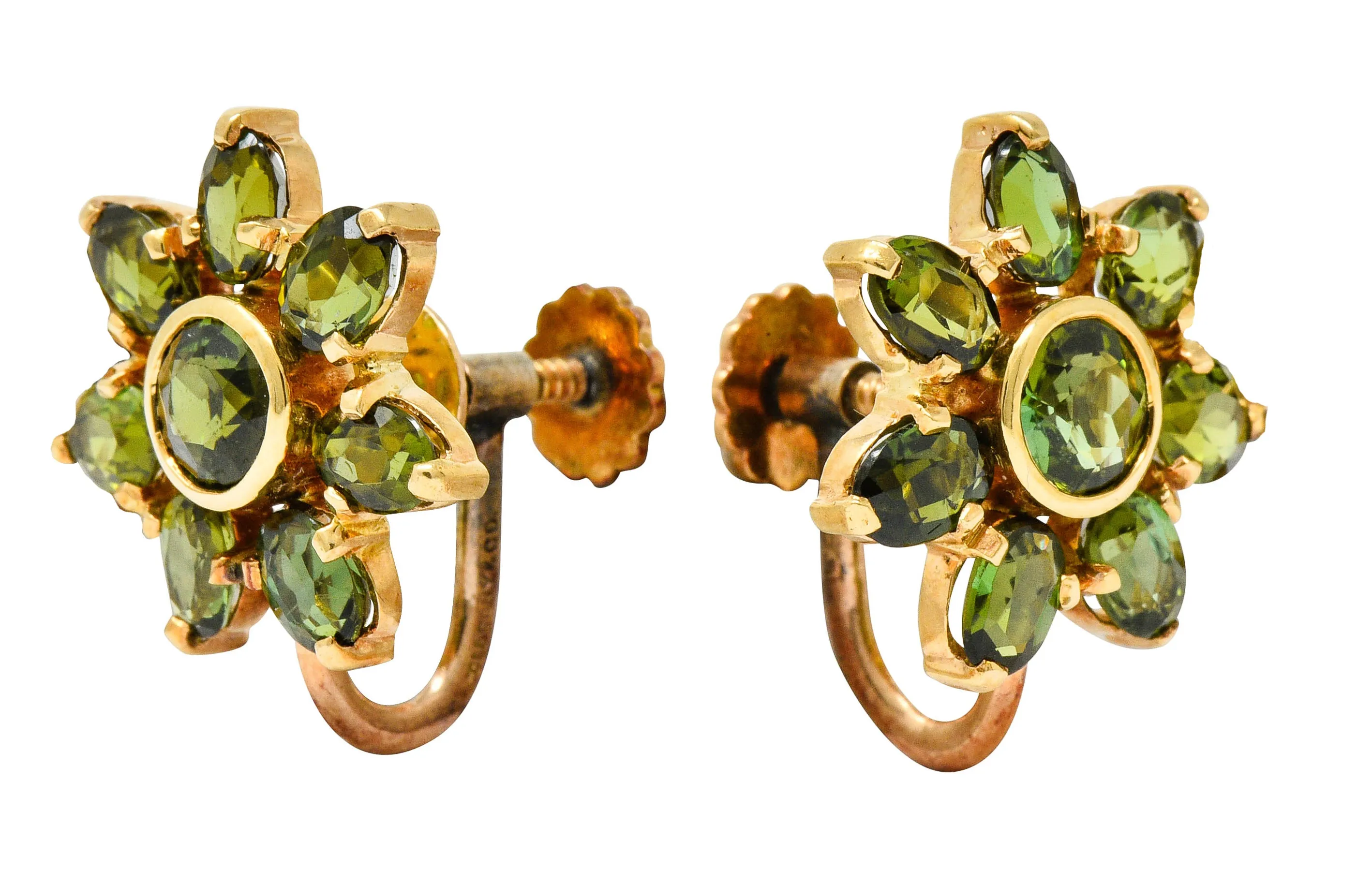 Tiffany & Co. Retro Green Tourmaline 14 Karat Gold Flower Screwback Earrings