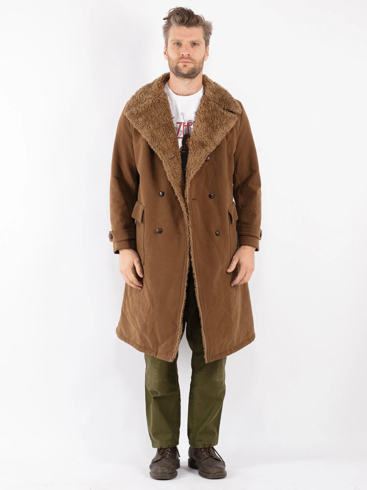 Vintage 70's Men Faux Sheepskin Coat in Brown