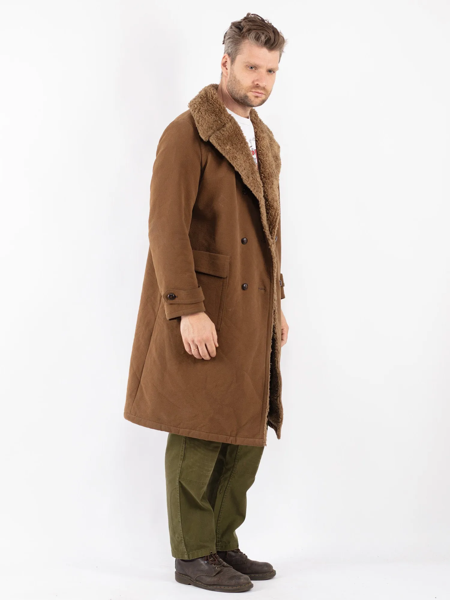 Vintage 70's Men Faux Sheepskin Coat in Brown