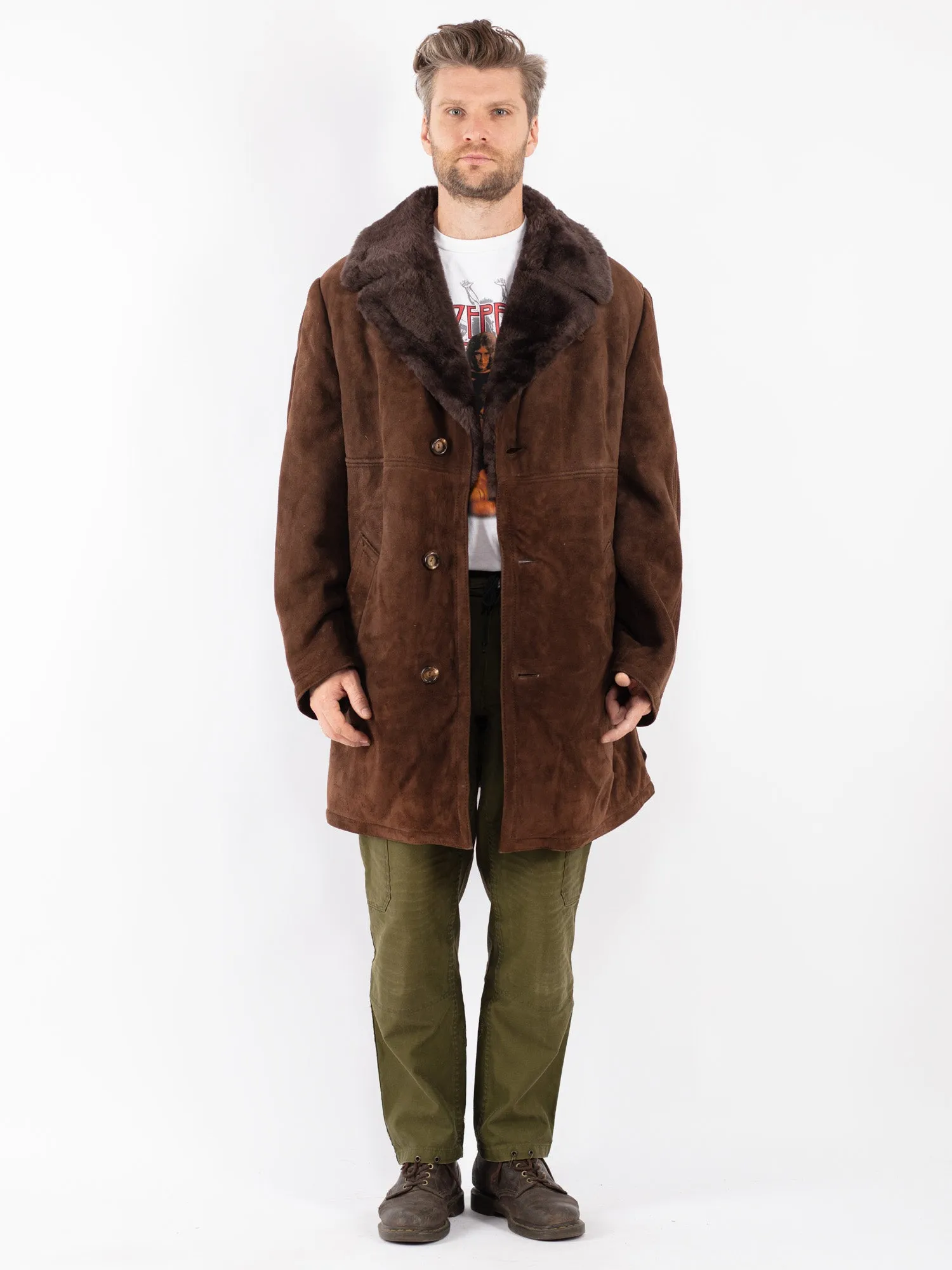 Vintage 70's Men Sheepskin Shearling Coat in Brown