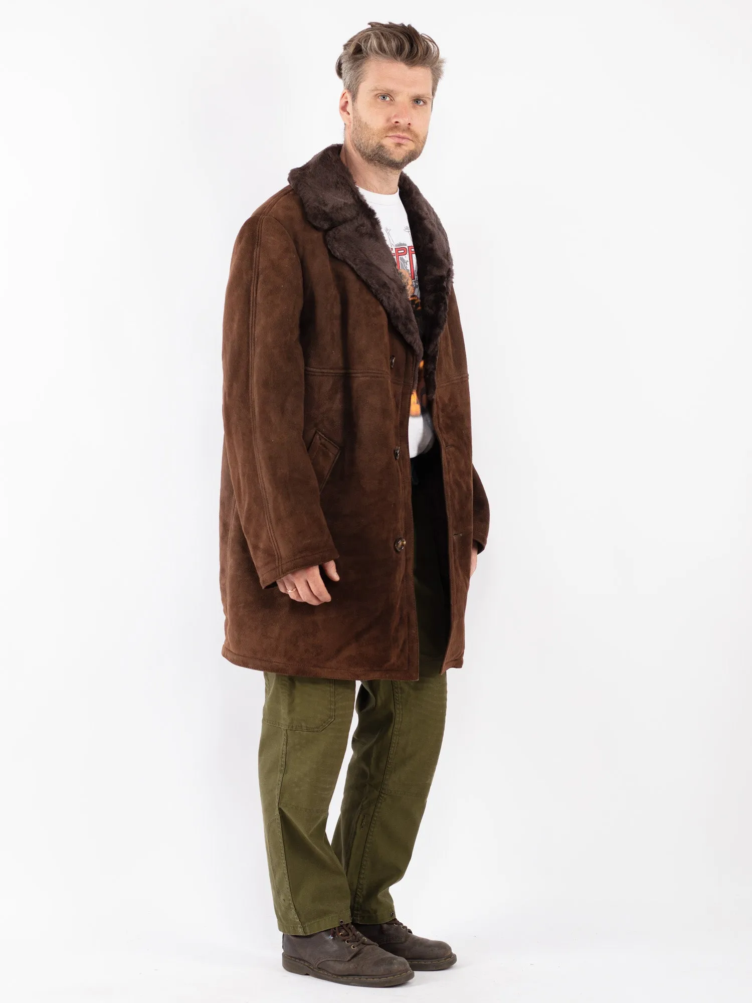 Vintage 70's Men Sheepskin Shearling Coat in Brown