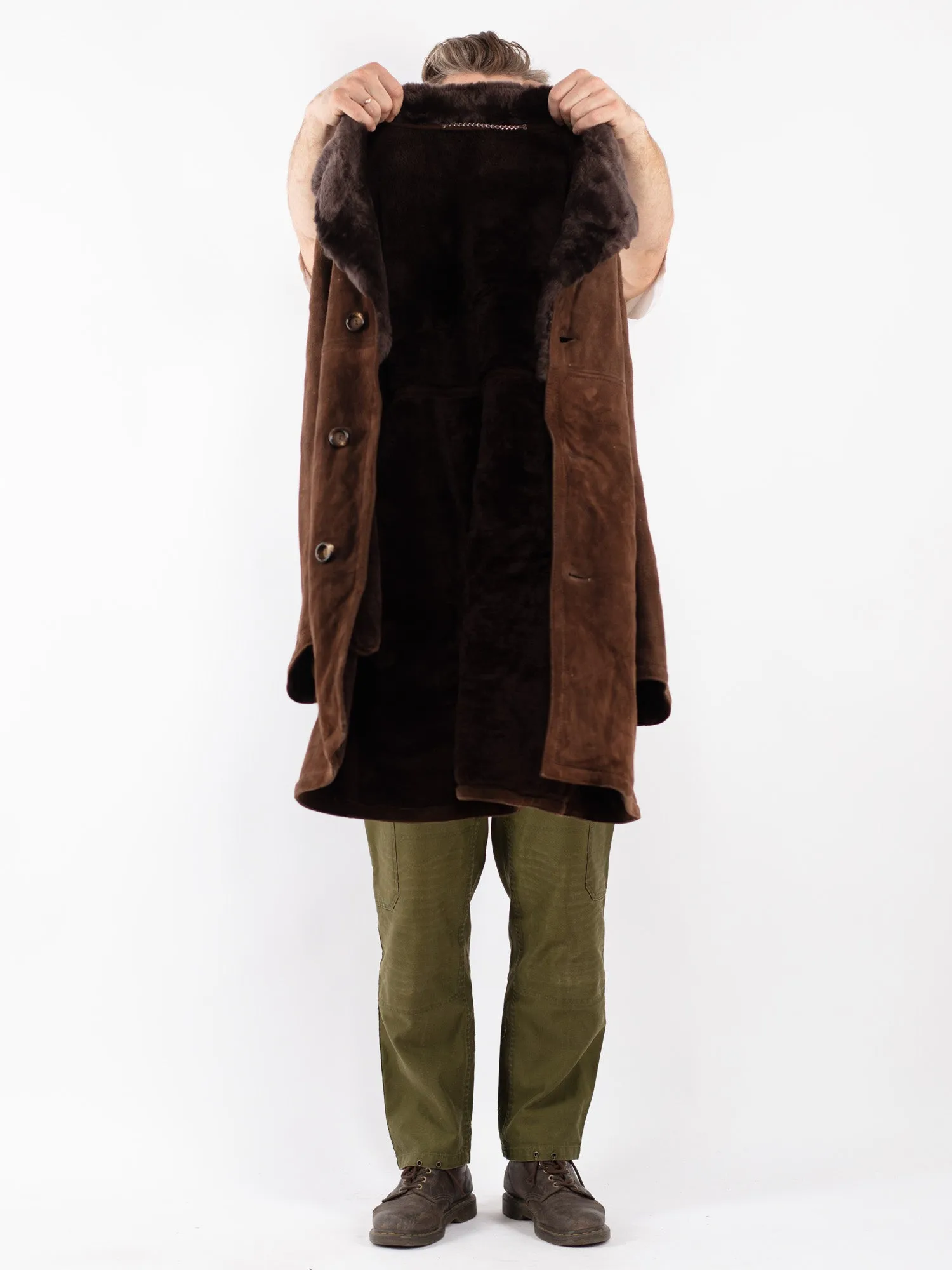 Vintage 70's Men Sheepskin Shearling Coat in Brown