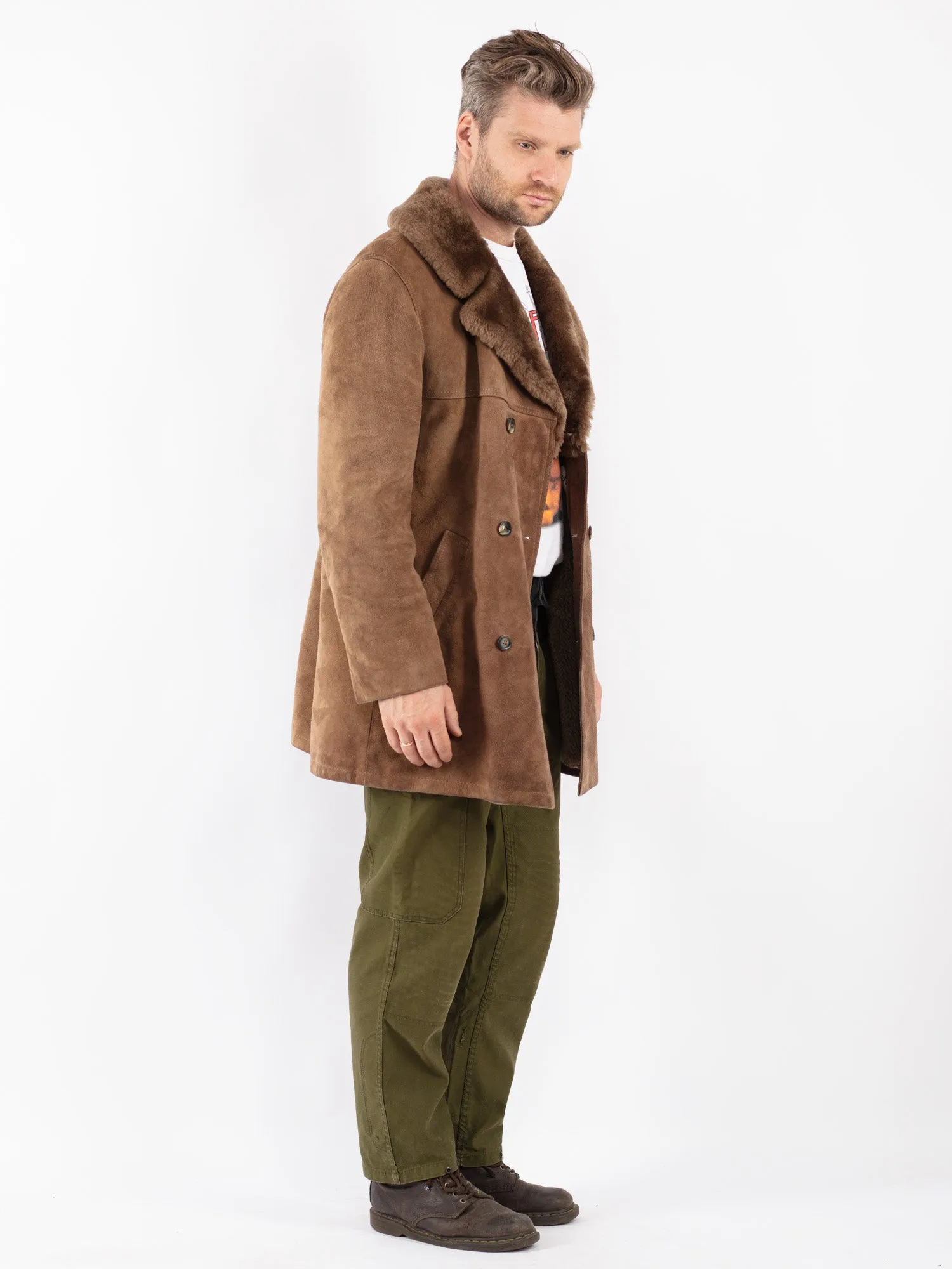 Vintage 70's Men Suede Sherpa Coat in Beige