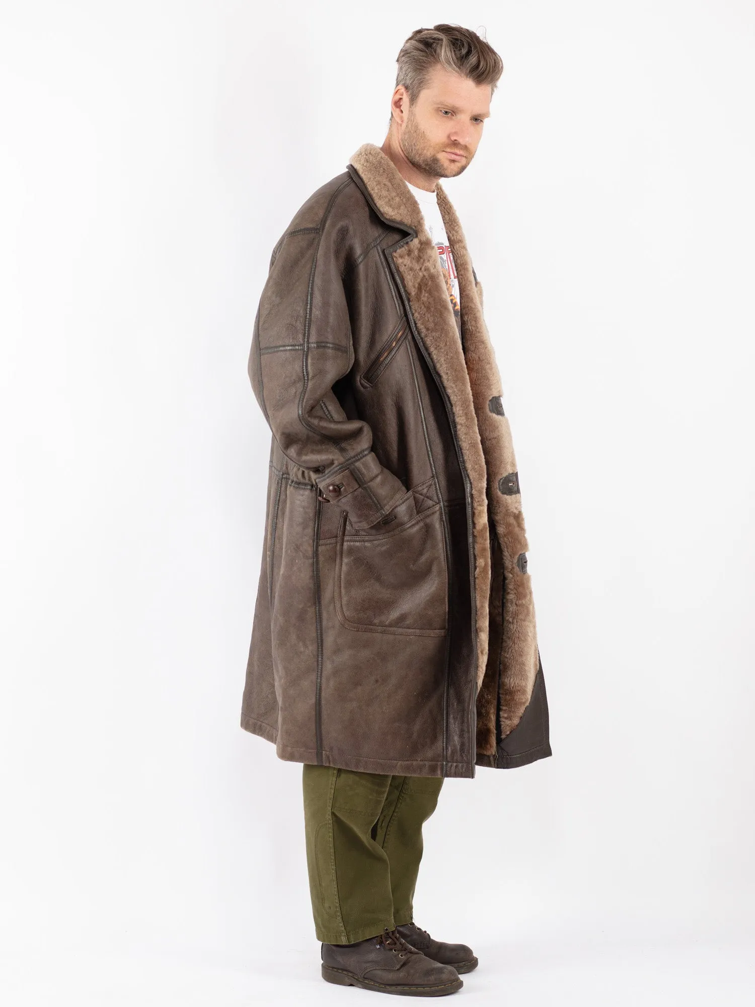 Vintage 80's Men Sheepskin Long Coat in Brown