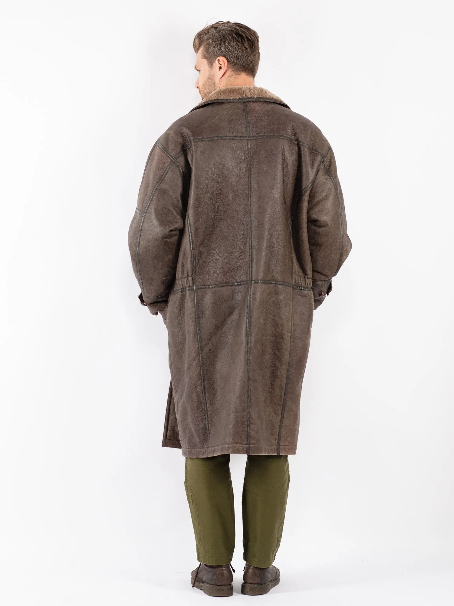 Vintage 80's Men Sheepskin Long Coat in Brown