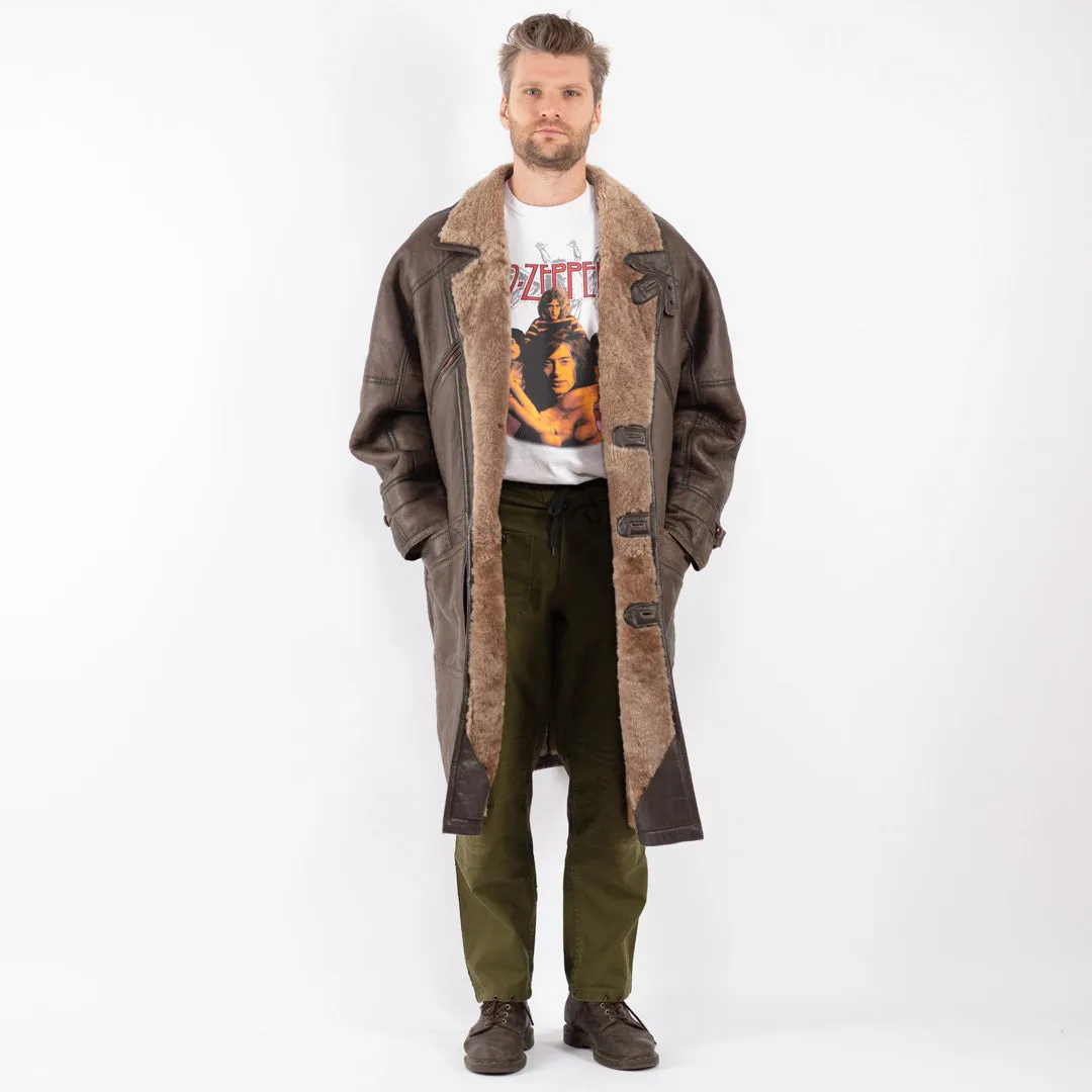 Vintage 80's Men Sheepskin Long Coat in Brown