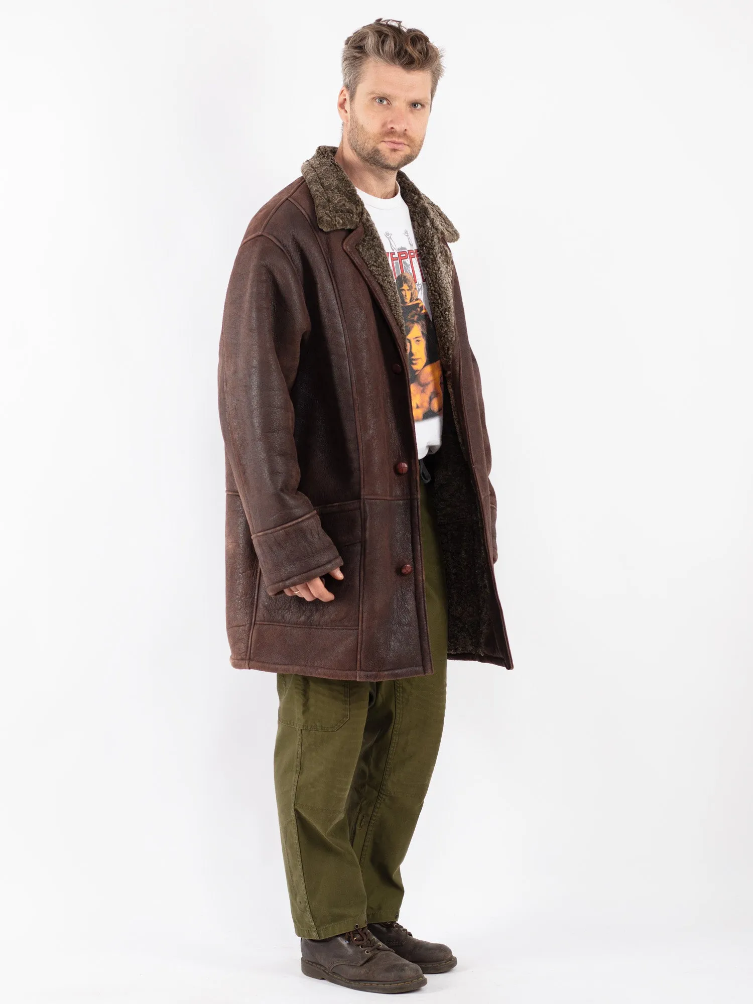 Vintage 80's Men Sheepskin Shearling Coat in Brown