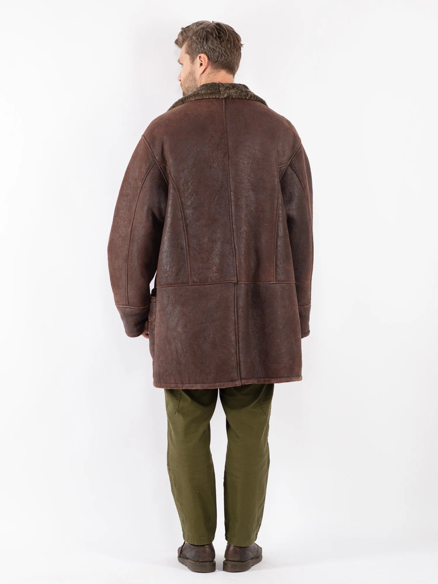 Vintage 80's Men Sheepskin Shearling Coat in Brown