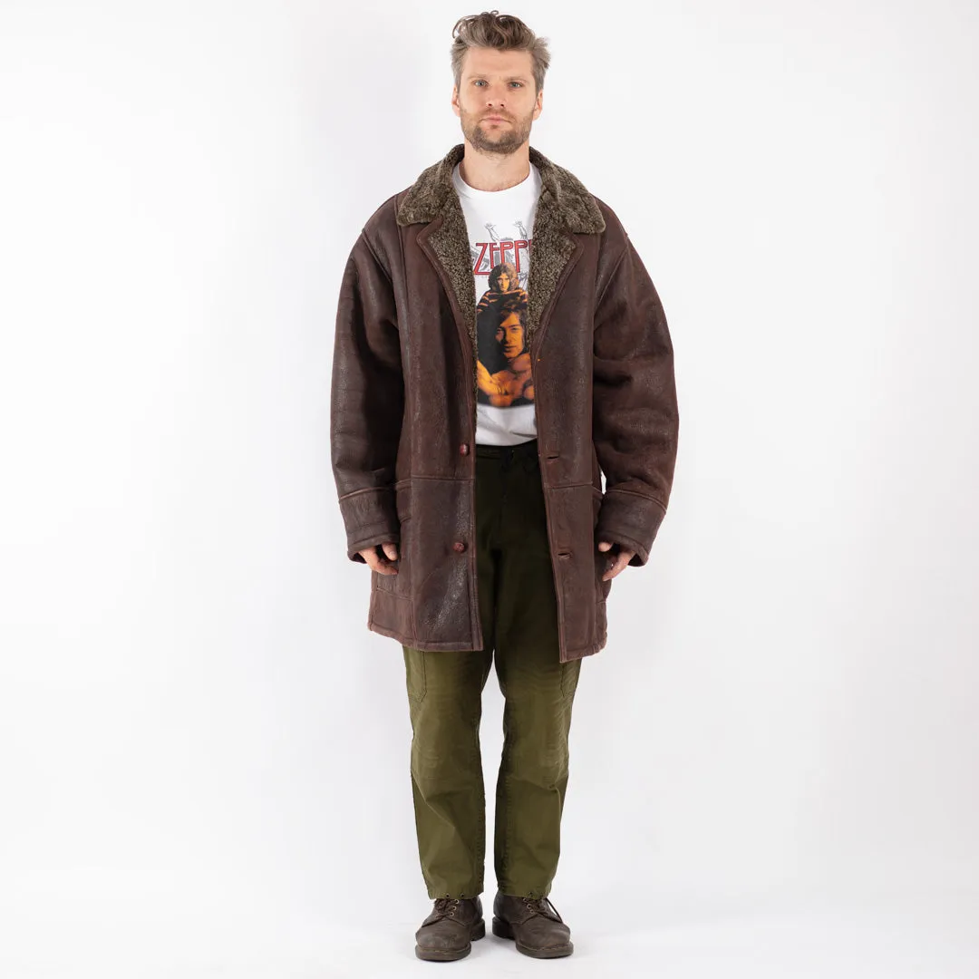 Vintage 80's Men Sheepskin Shearling Coat in Brown