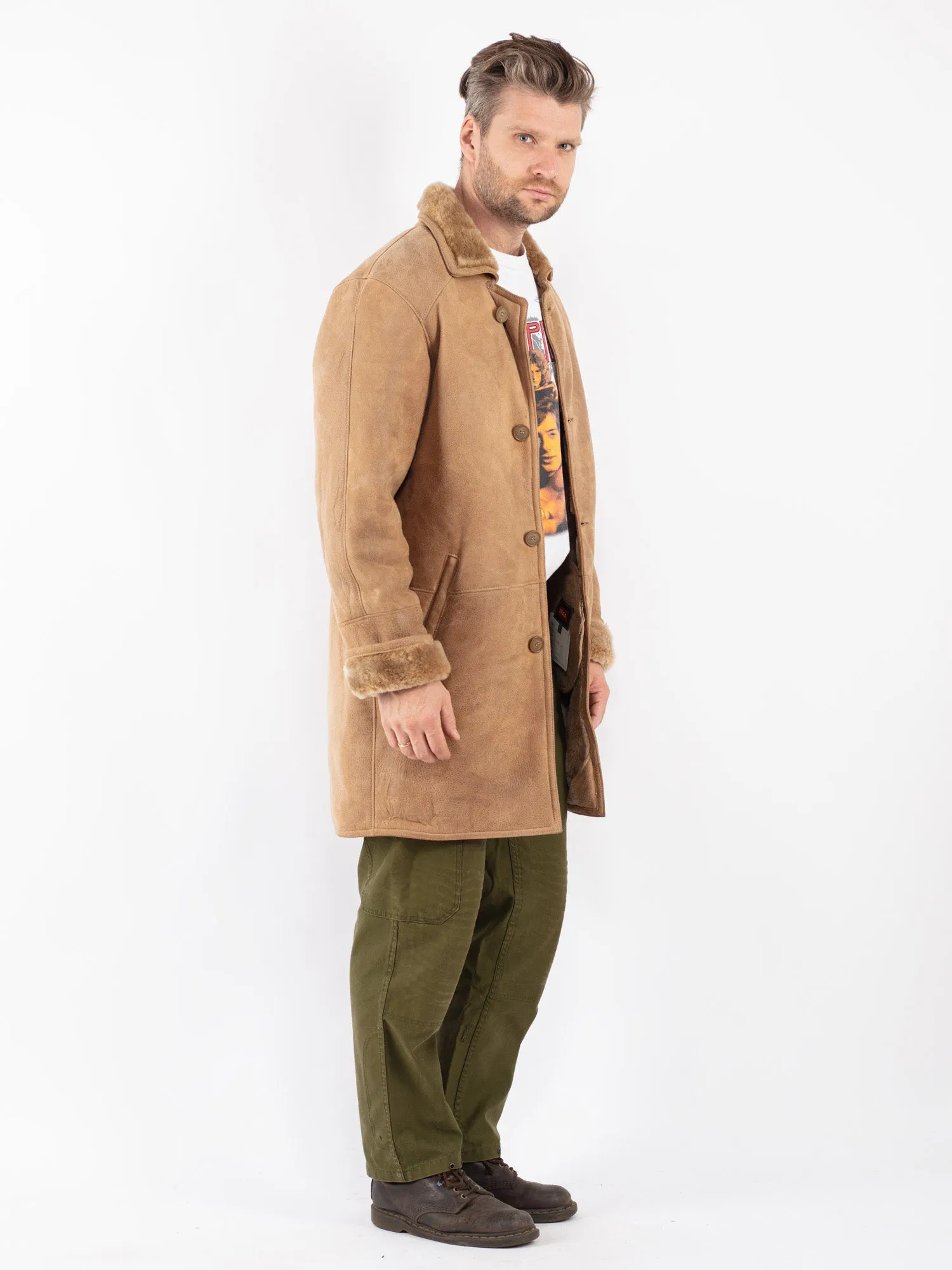 Vintage 90's Men Sheepskin Coat in Beige