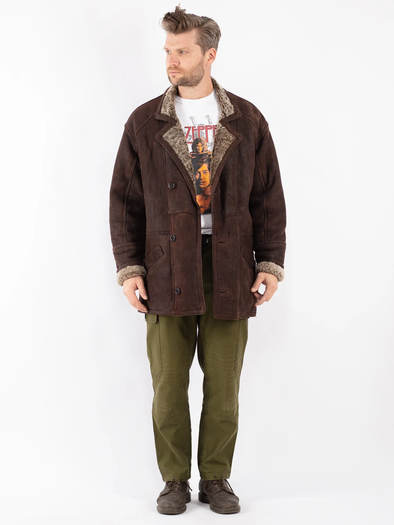 Vintage 90's Men Sheepskin Shearling Coat in Brown