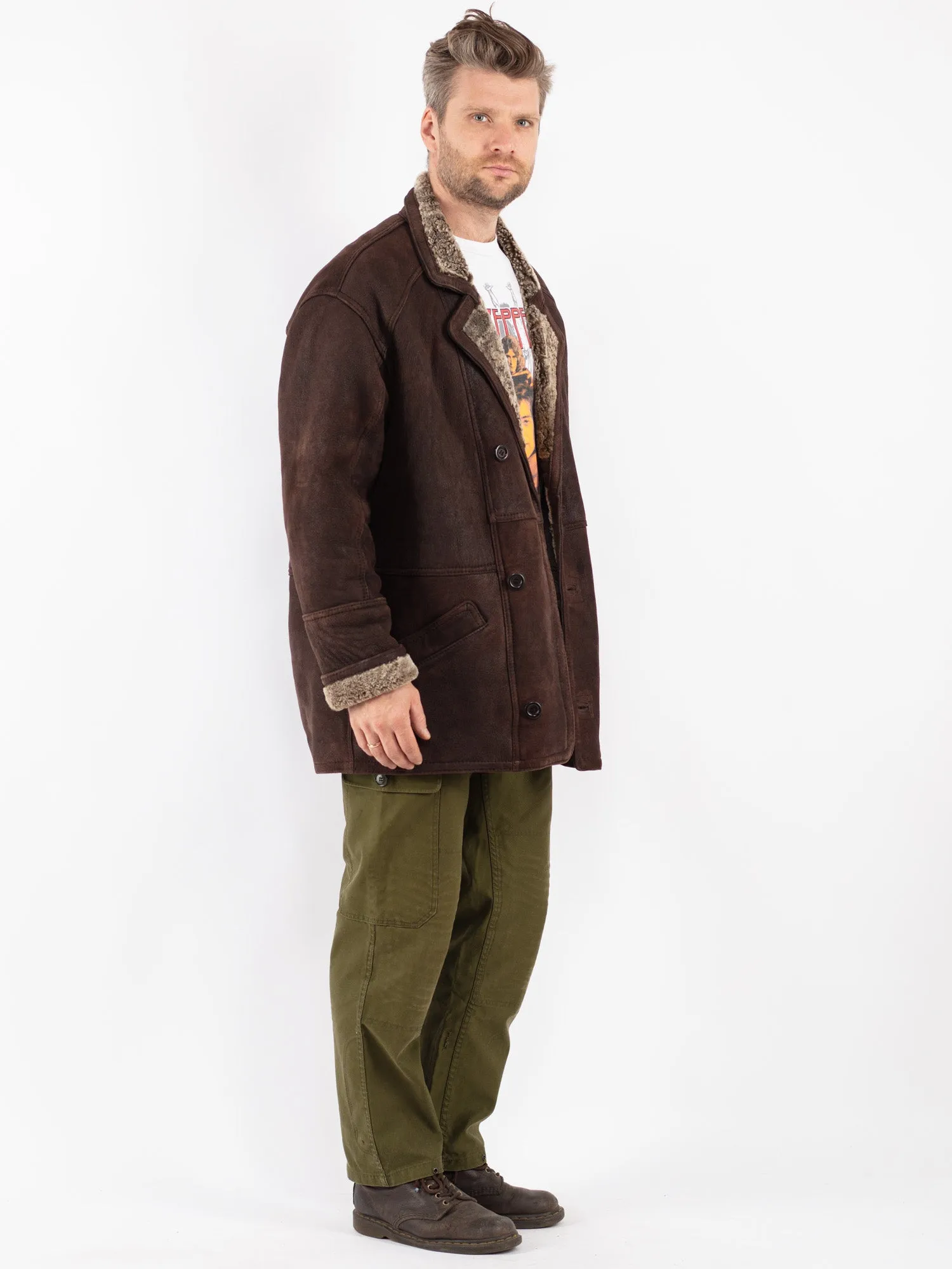 Vintage 90's Men Sheepskin Shearling Coat in Brown